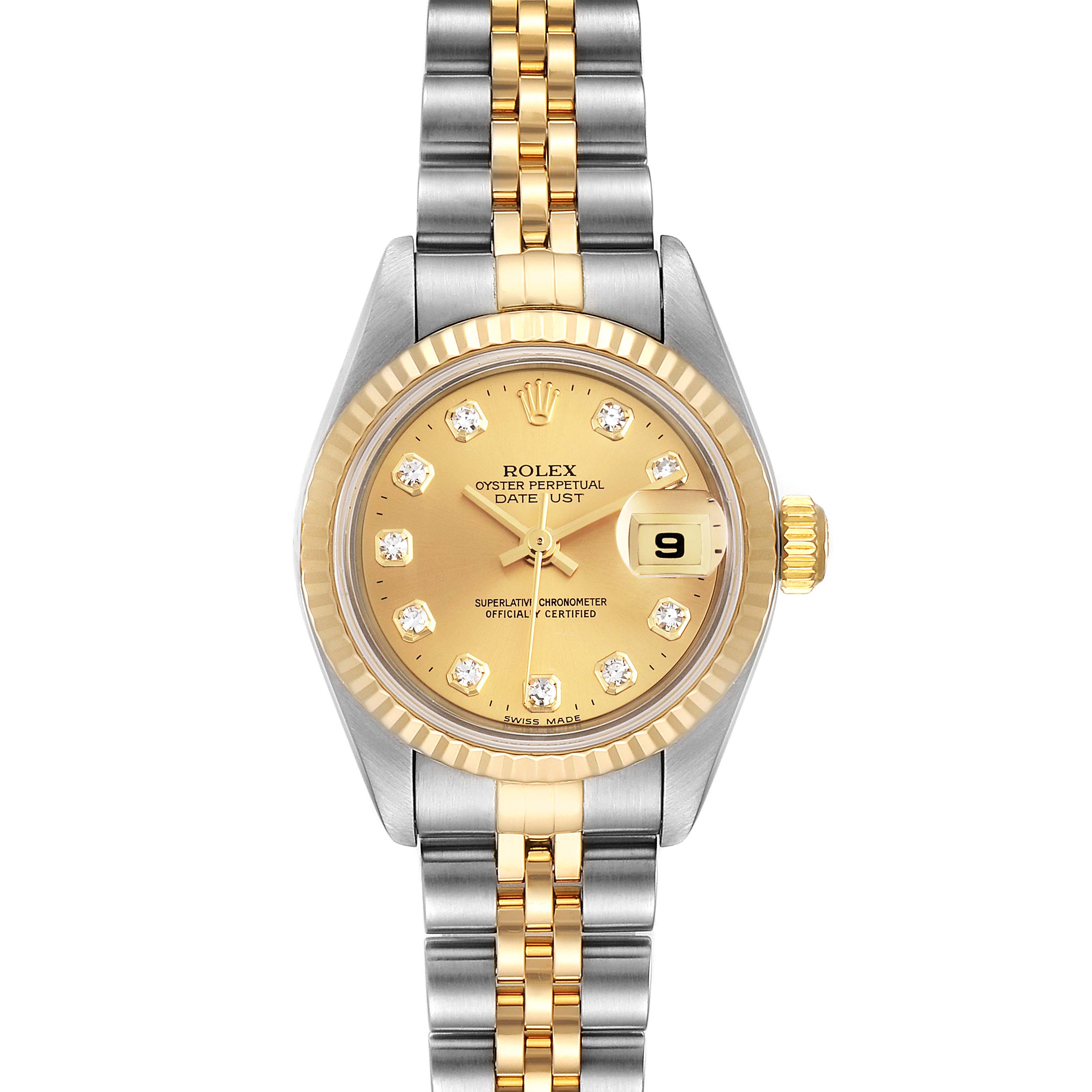 This is a front view of a Rolex Datejust 79173  Women
s Steel and Gold (two tone) Champagne Dial 79173  Women
s Steel and Gold (two tone) Champagne Dial watch showing its face, bezel, and bracelet.