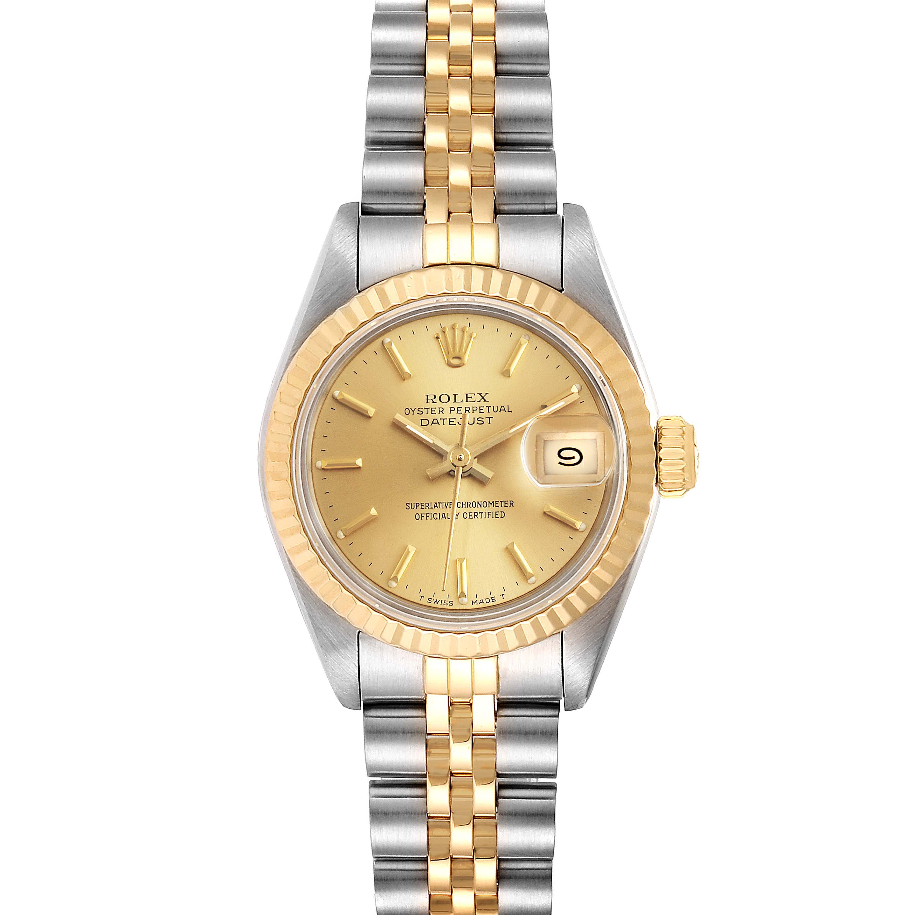 The image shows a front view of a Rolex Datejust 69173 Women
s Steel and Gold (two tone) Champagne Dial 69173 Women
s Steel and Gold (two tone) Champagne Dial watch, showcasing its dial, bezel, and two-tone bracelet.