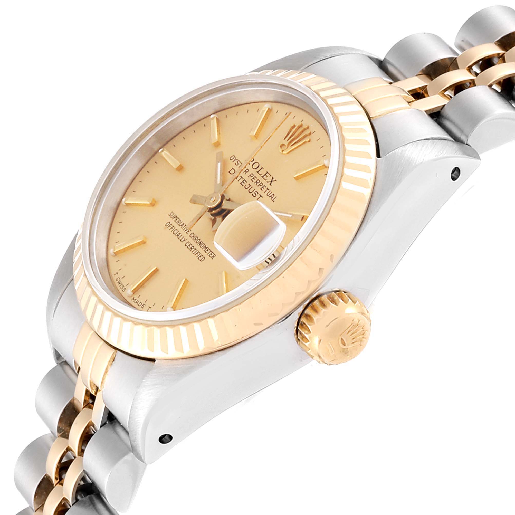 This image shows a side angle of a Rolex Datejust 69173 Women
s Steel and Gold (two tone) Champagne Dial 69173 Women
s Steel and Gold (two tone) Champagne Dial watch, highlighting the bezel, crown, and part of the bracelet.