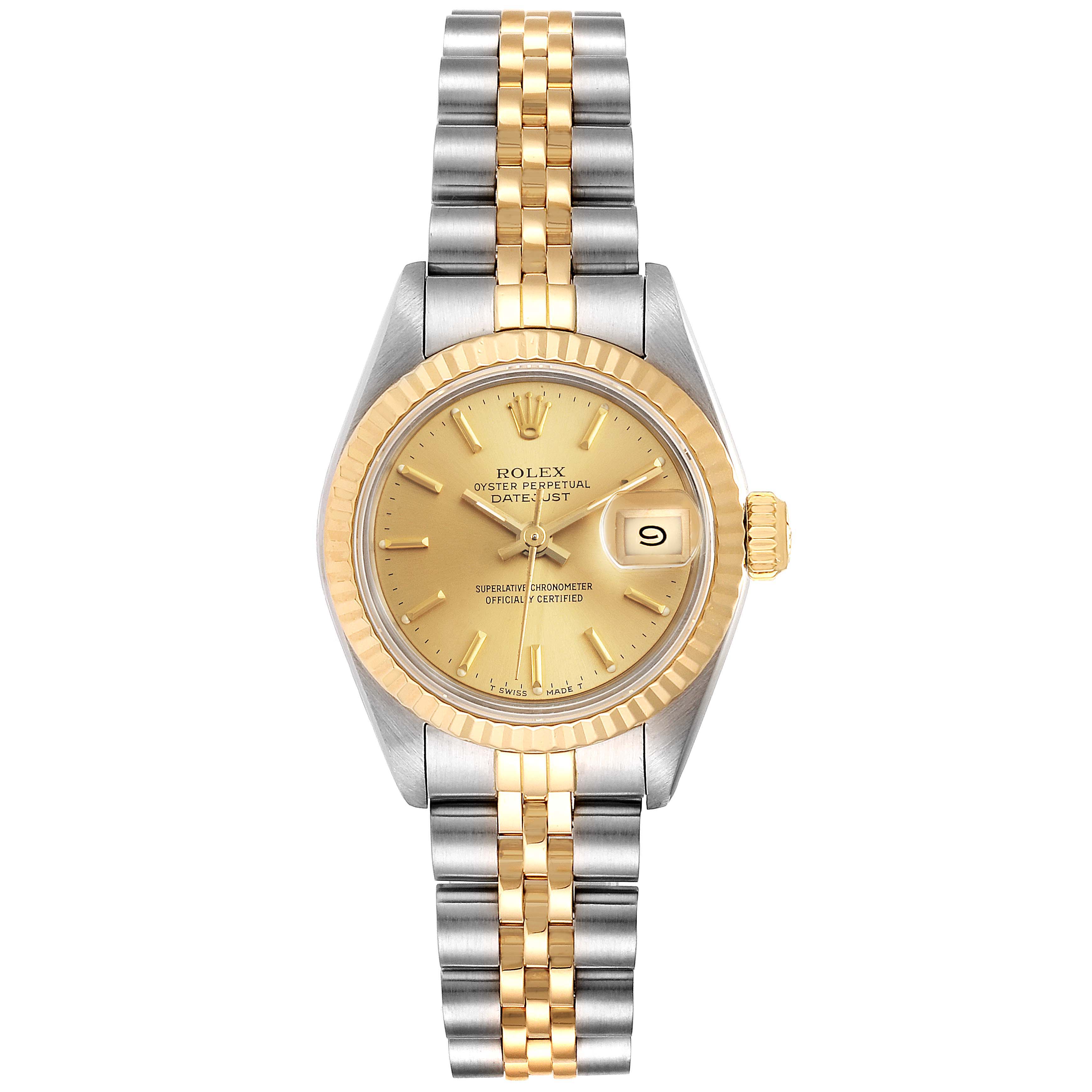 This image shows a frontal view of a Rolex Datejust 69173 Women
s Steel and Gold (two tone) Champagne Dial 69173 Women
s Steel and Gold (two tone) Champagne Dial watch featuring a two-tone bracelet and a gold dial.