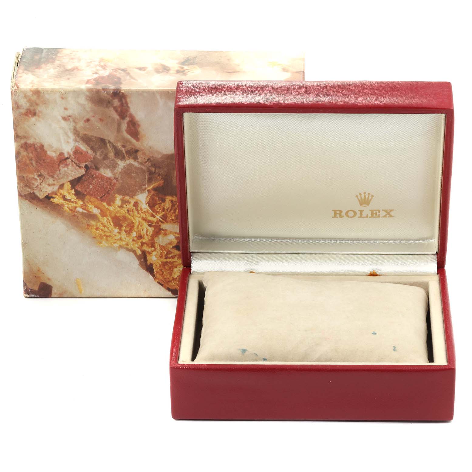 The image shows a Rolex Datejust 69173 Women
s Steel and Gold (two tone) Champagne Dial 69173 Women
s Steel and Gold (two tone) Champagne Dial watch box and package from the front angle, with the box open.