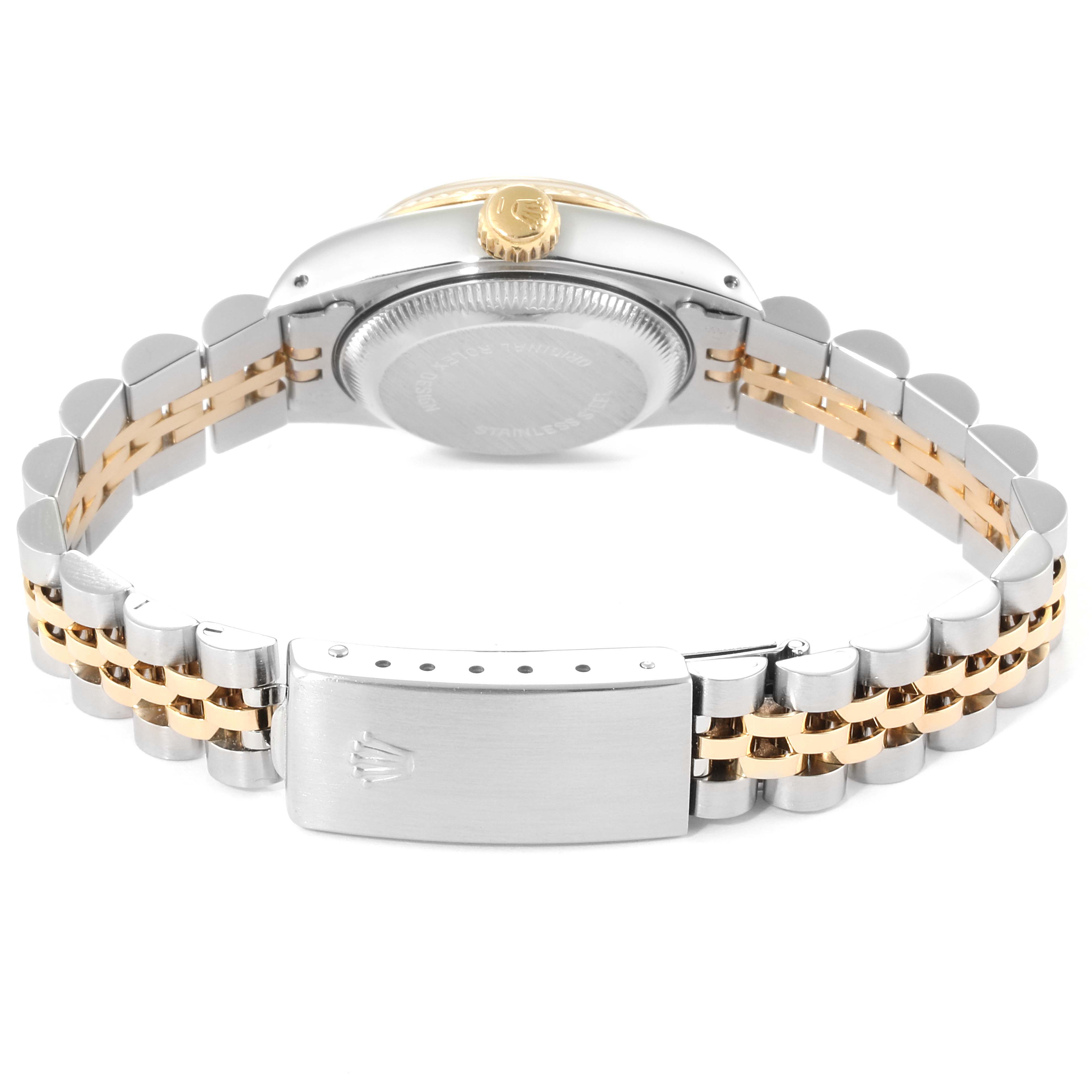 The image shows the back view of a Rolex Datejust 69173 Women
s Steel and Gold (two tone) Champagne Dial 69173 Women
s Steel and Gold (two tone) Champagne Dial watch, focusing on the clasp and bracelet.