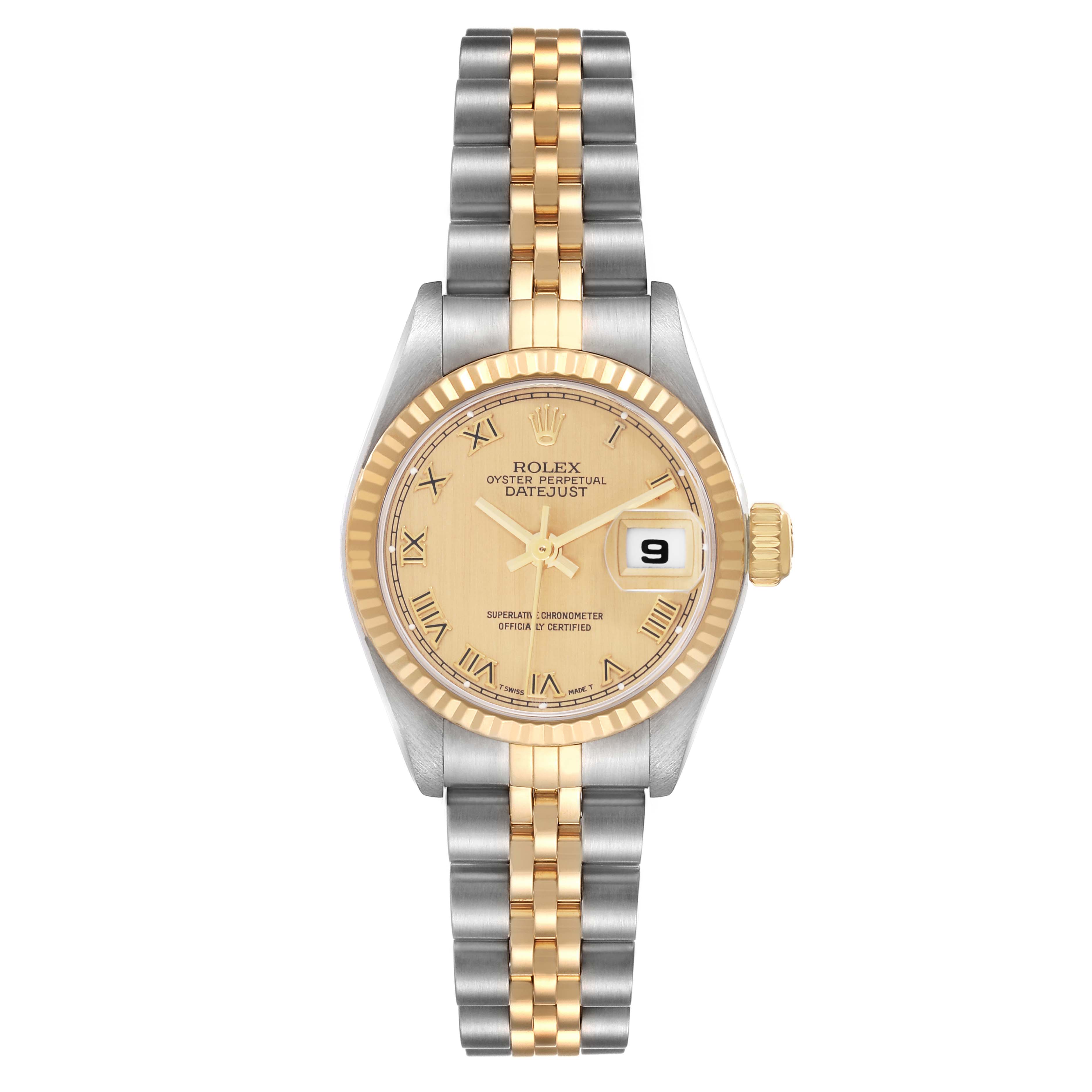 The Rolex Datejust 79173 Women
s Steel and Gold (two tone) Champagne Dial watch is shown from a top-down angle, displaying the case, bezel, dial, bracelet, and crown.