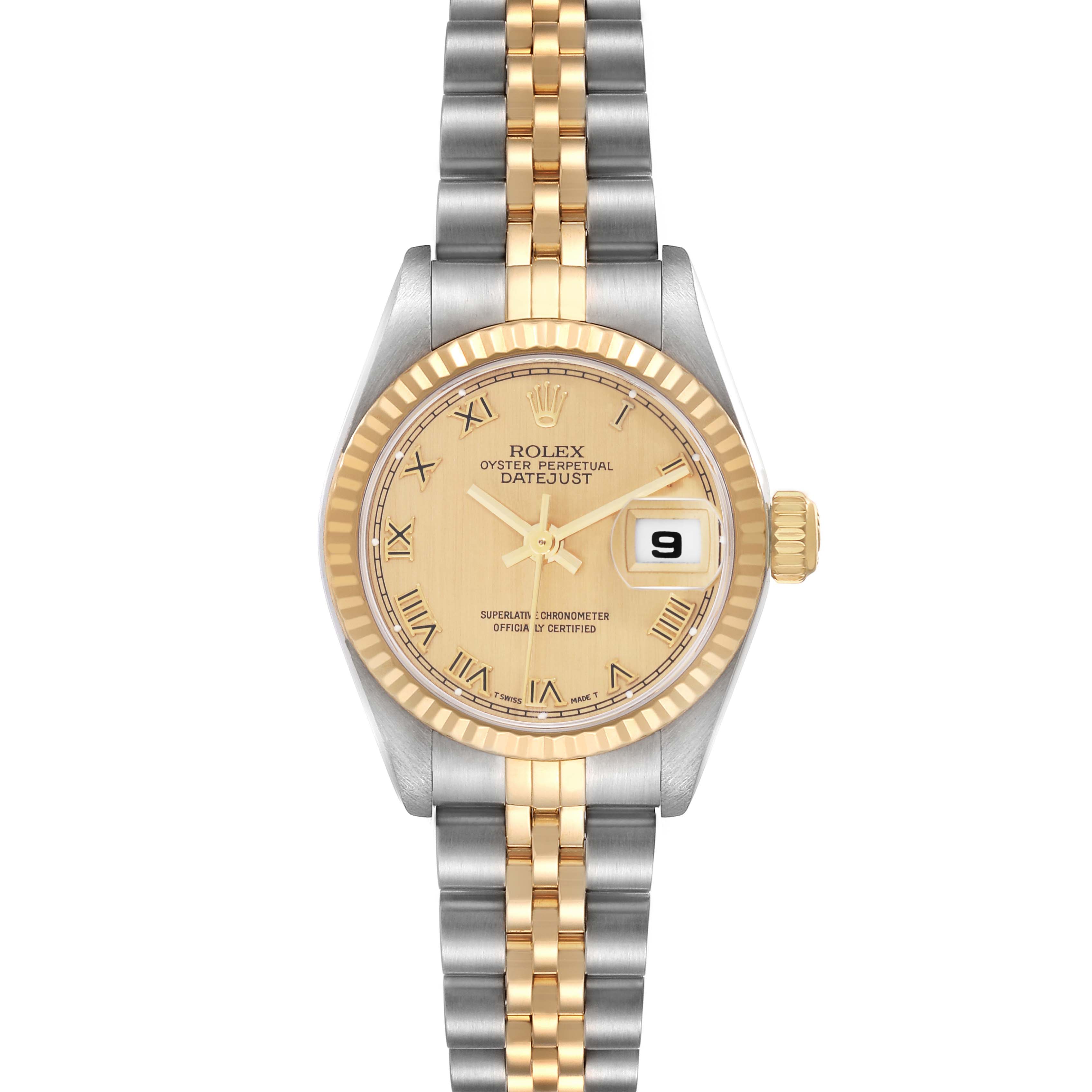 This Rolex Datejust 79173 Women
s Steel and Gold (two tone) Champagne Dial watch is shown from a top-down angle, displaying the dial, bezel, crown, and Jubilee bracelet.