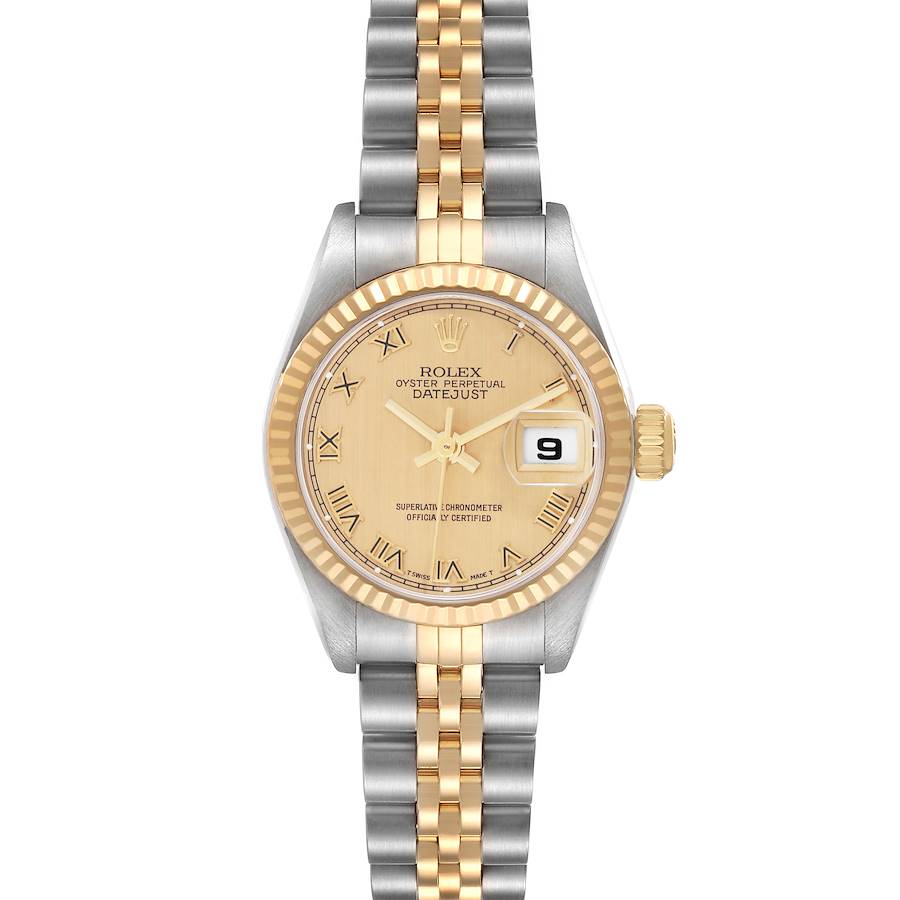 This Rolex Datejust 79173 Women's Steel and Gold (two tone) Champagne Dial watch is shown from a top-down angle, displaying the dial, bezel, crown, and Jubilee bracelet.