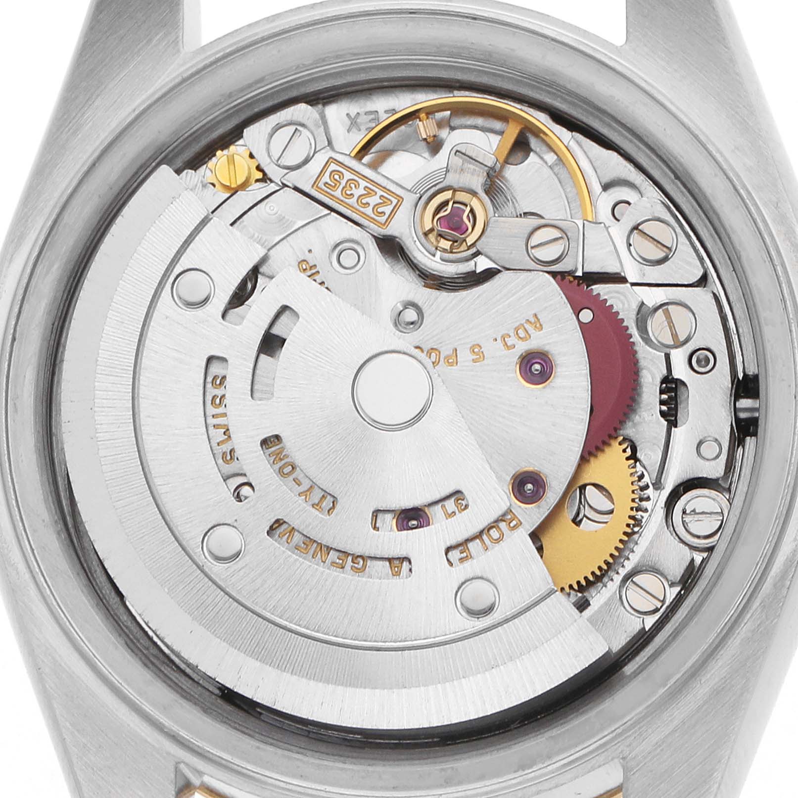 The image shows a close-up of the Rolex Datejust 79173 Women
s Steel and Gold (two tone) Champagne Dial watch movement from a top-down angle.