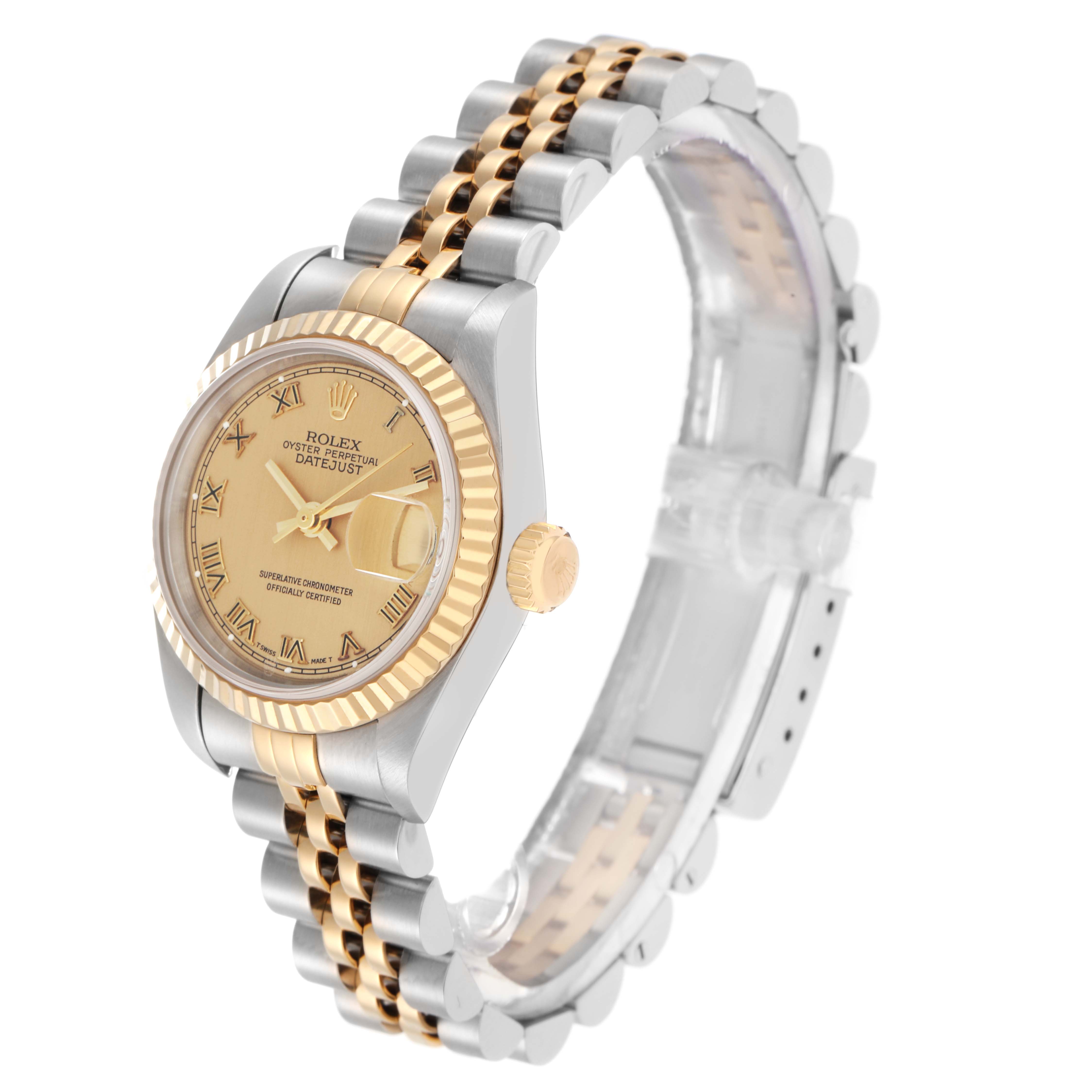 The Rolex Datejust 79173 Women
s Steel and Gold (two tone) Champagne Dial watch is shown at a three-quarter angle, highlighting the dial, bezel, crown, and bracelet.