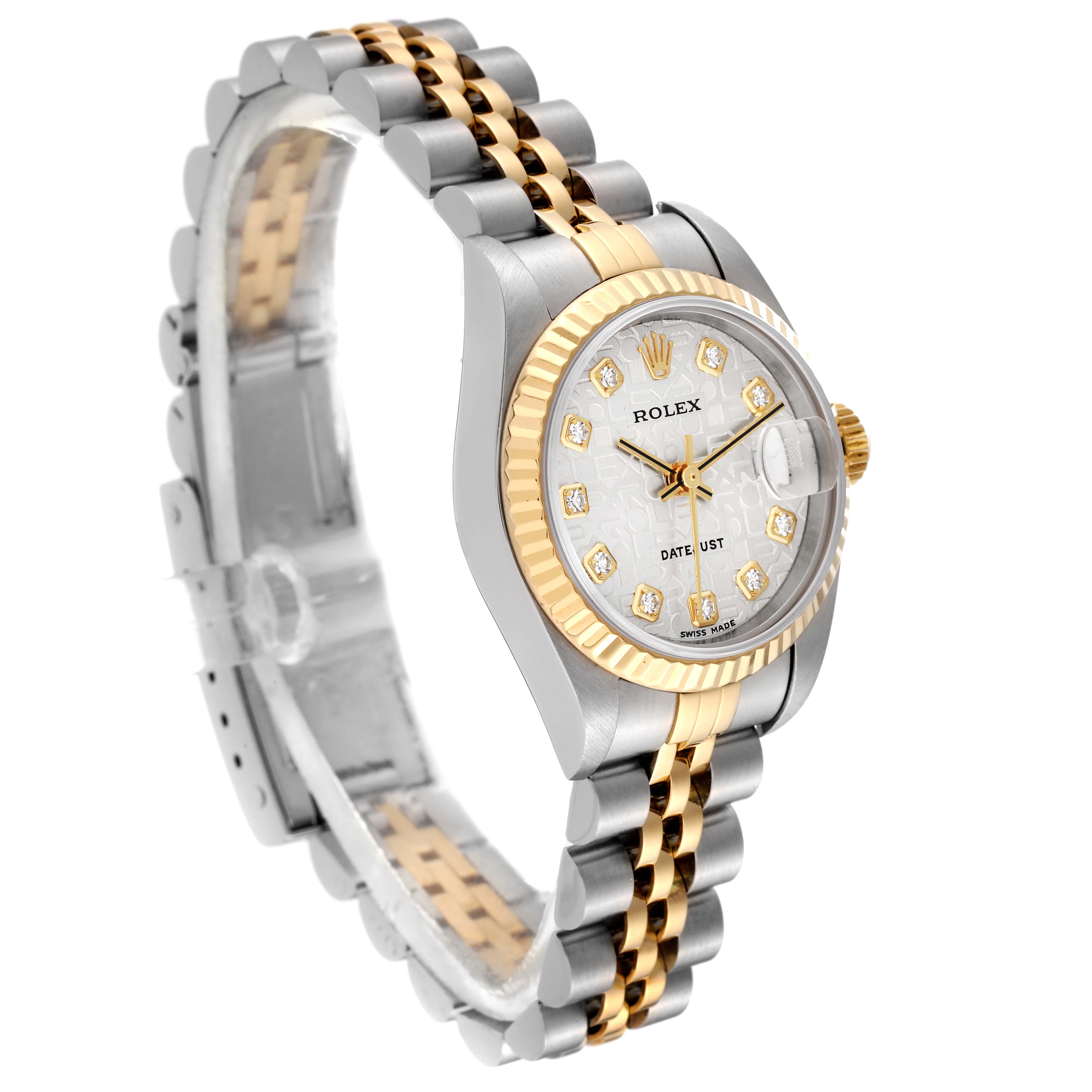 This Rolex Datejust 79173 Women's Steel and Gold (two tone) Silver Dial 79173 Women's Steel and Gold (two tone) Silver Dial watch is shown at a three-quarter angle, highlighting the face, two-tone bracelet, and fluted bezel.