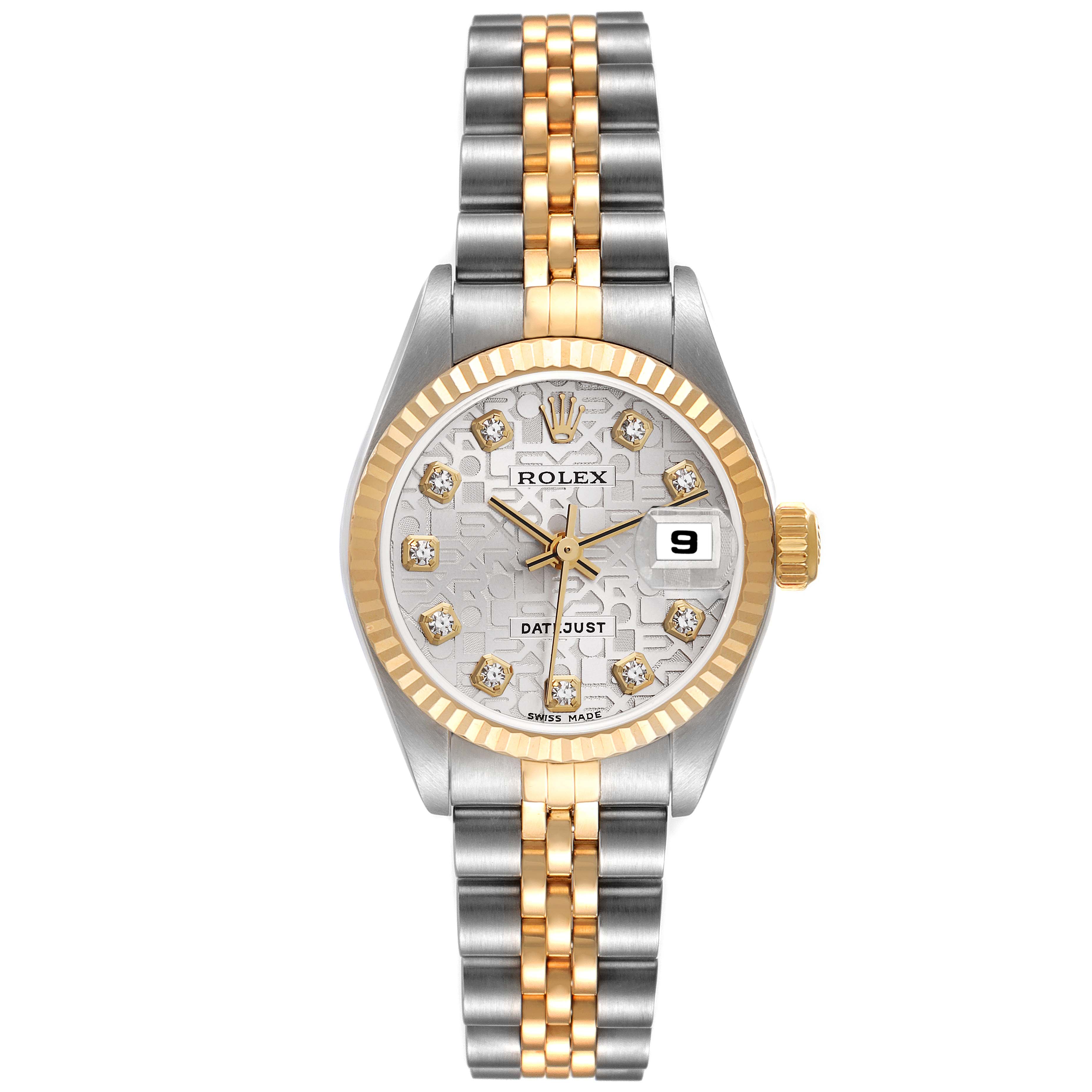 The image shows a front view of a Rolex Datejust 79173 Women's Steel and Gold (two tone) Silver Dial 79173 Women's Steel and Gold (two tone) Silver Dial watch, highlighting its dial, bezel, and two-tone bracelet.