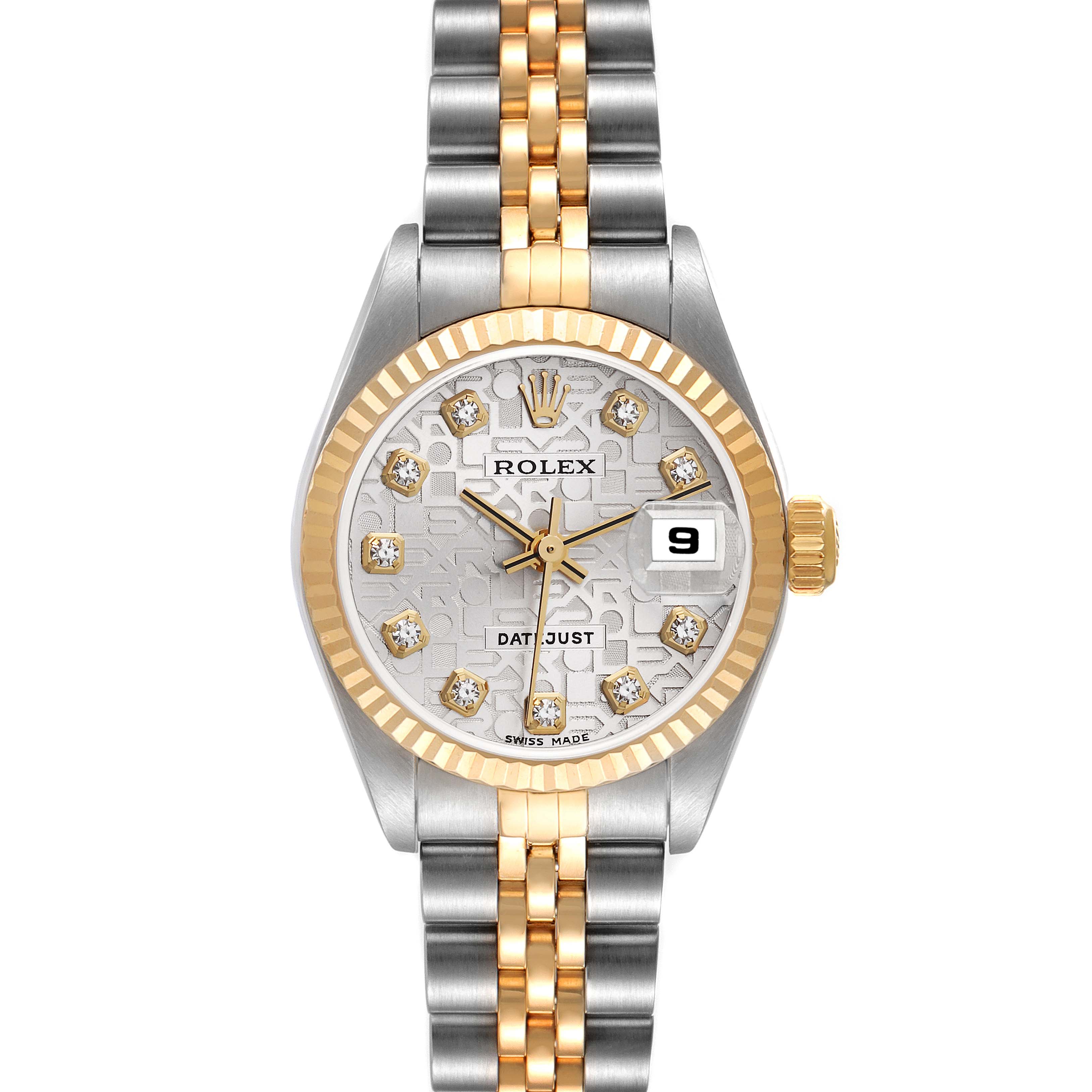 This is a frontal view of a Rolex Datejust 79173 Women's Steel and Gold (two tone) Silver Dial 79173 Women's Steel and Gold (two tone) Silver Dial watch, showing the face, hands, date window, and two-tone bracelet.