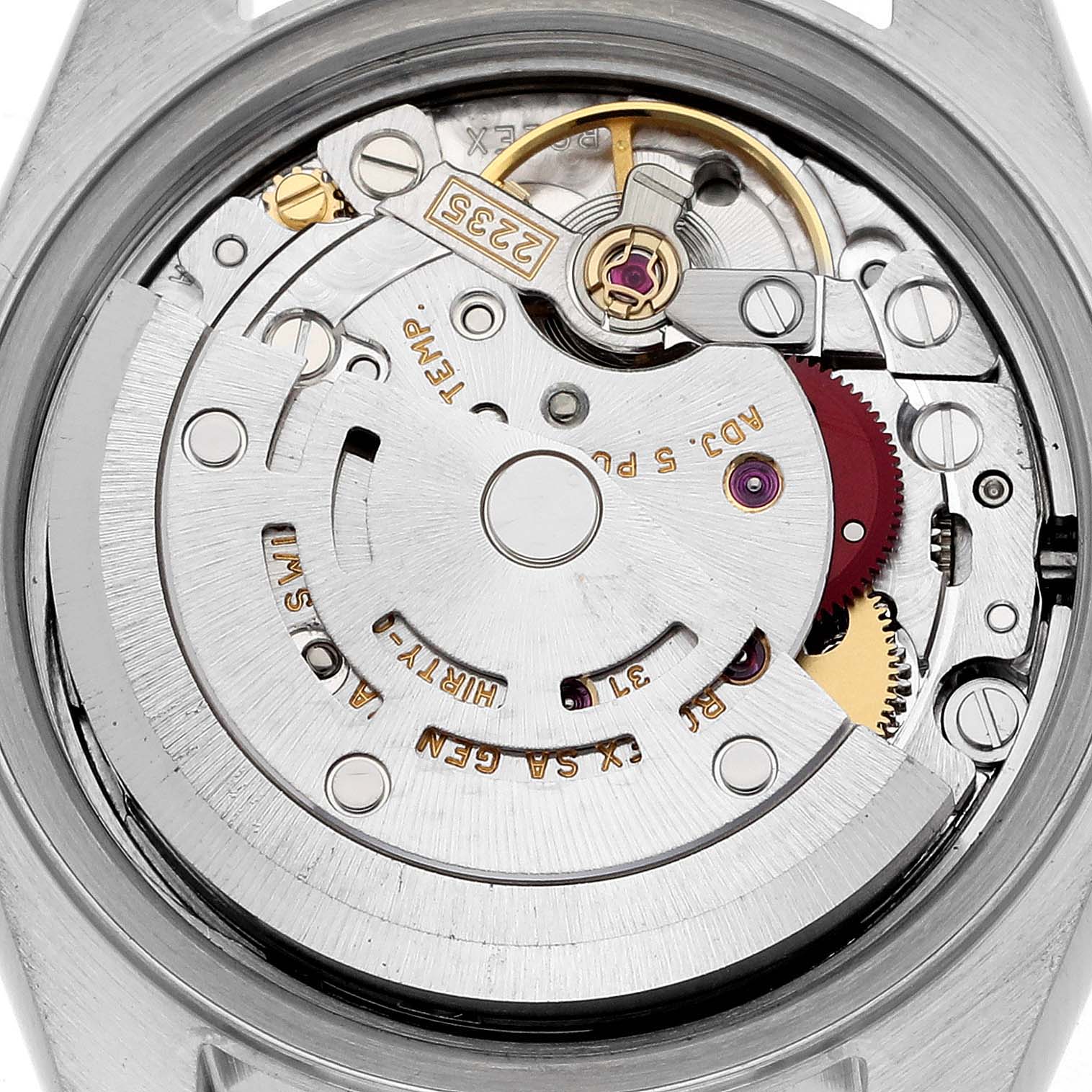 This image shows the intricate internal mechanism of a Rolex Datejust 79173 Women's Steel and Gold (two tone) Silver Dial 79173 Women's Steel and Gold (two tone) Silver Dial watch, viewed from the back.