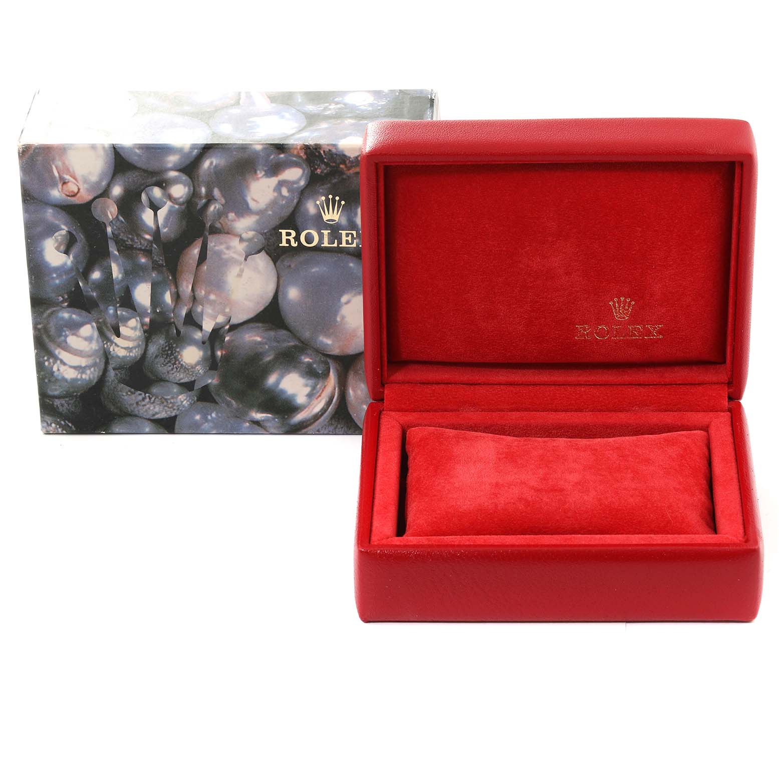 The image shows the open red box for a Rolex Datejust 79173 Women's Steel and Gold (two tone) Silver Dial 79173 Women's Steel and Gold (two tone) Silver Dial watch, with a printed outer box featuring the Rolex logo.