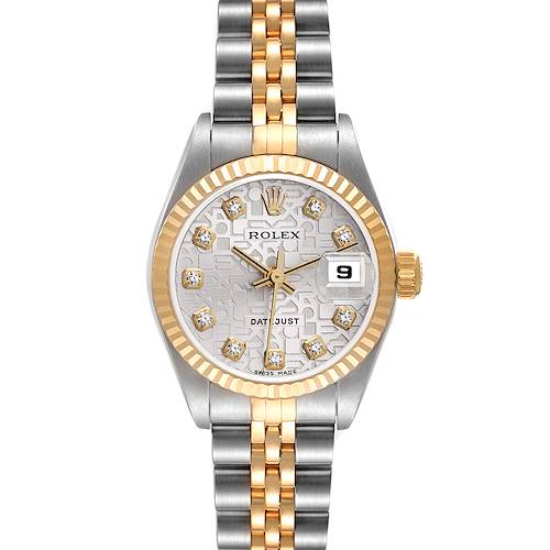 This image shows a front view of a Rolex Datejust watch with a two-tone bracelet and a diamond-studded dial.