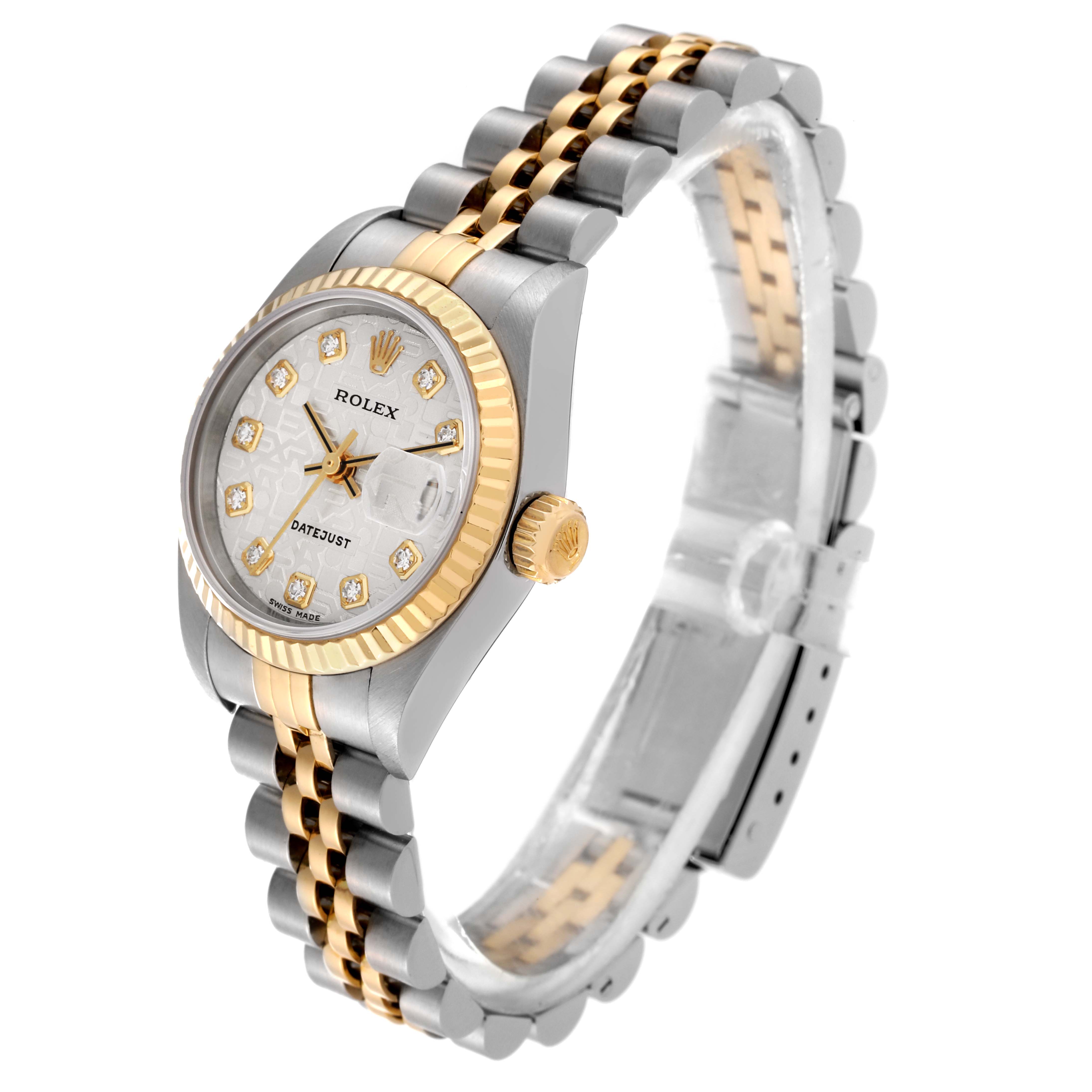 The image shows a Rolex Datejust 79173 Women's Steel and Gold (two tone) Silver Dial 79173 Women's Steel and Gold (two tone) Silver Dial watch at an angle, highlighting the face, crown, and two-tone bracelet.