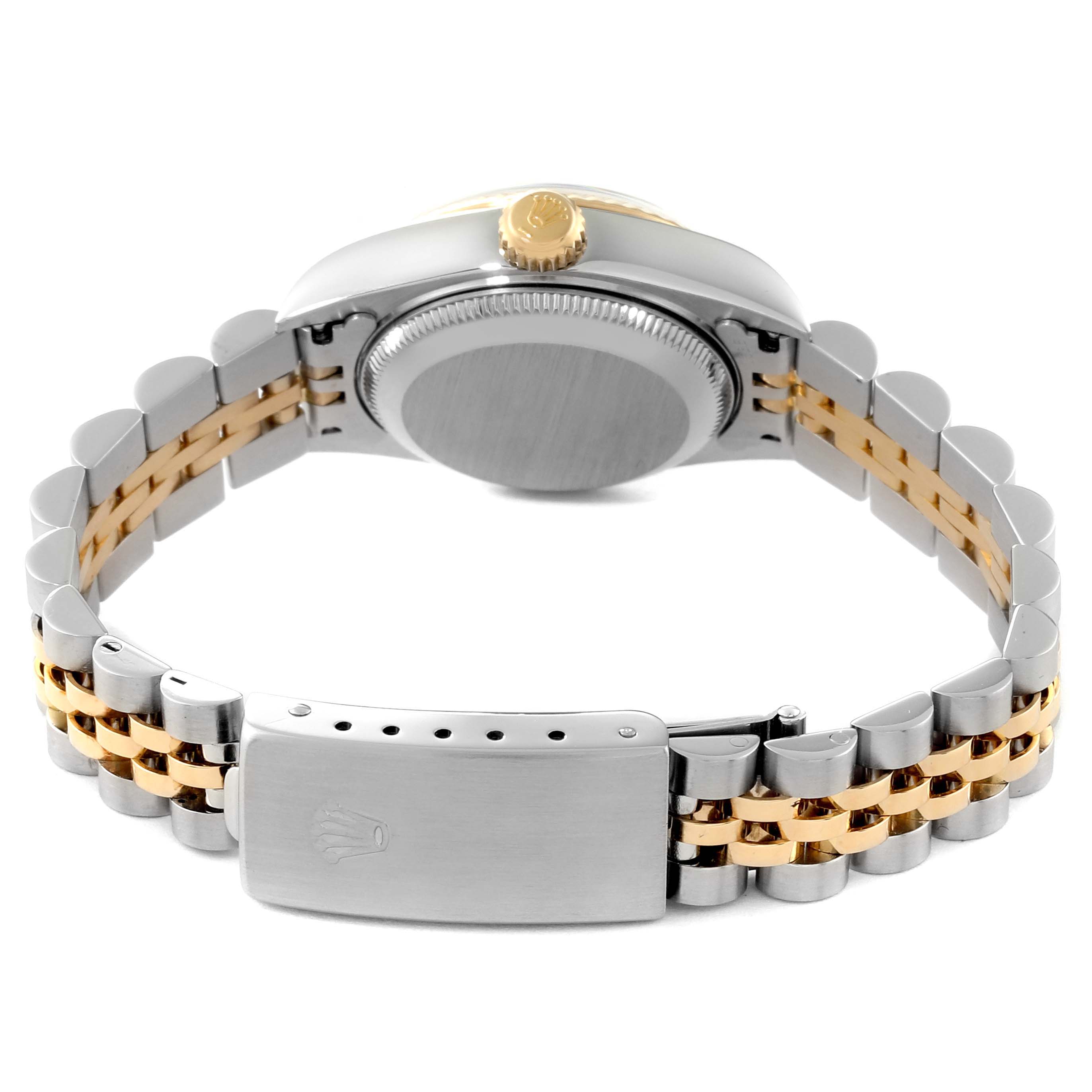 This image shows the backside and bracelet of a Rolex Datejust 79173 Women's Steel and Gold (two tone) Silver Dial 79173 Women's Steel and Gold (two tone) Silver Dial watch, highlighting the clasp and two-tone metal links.
