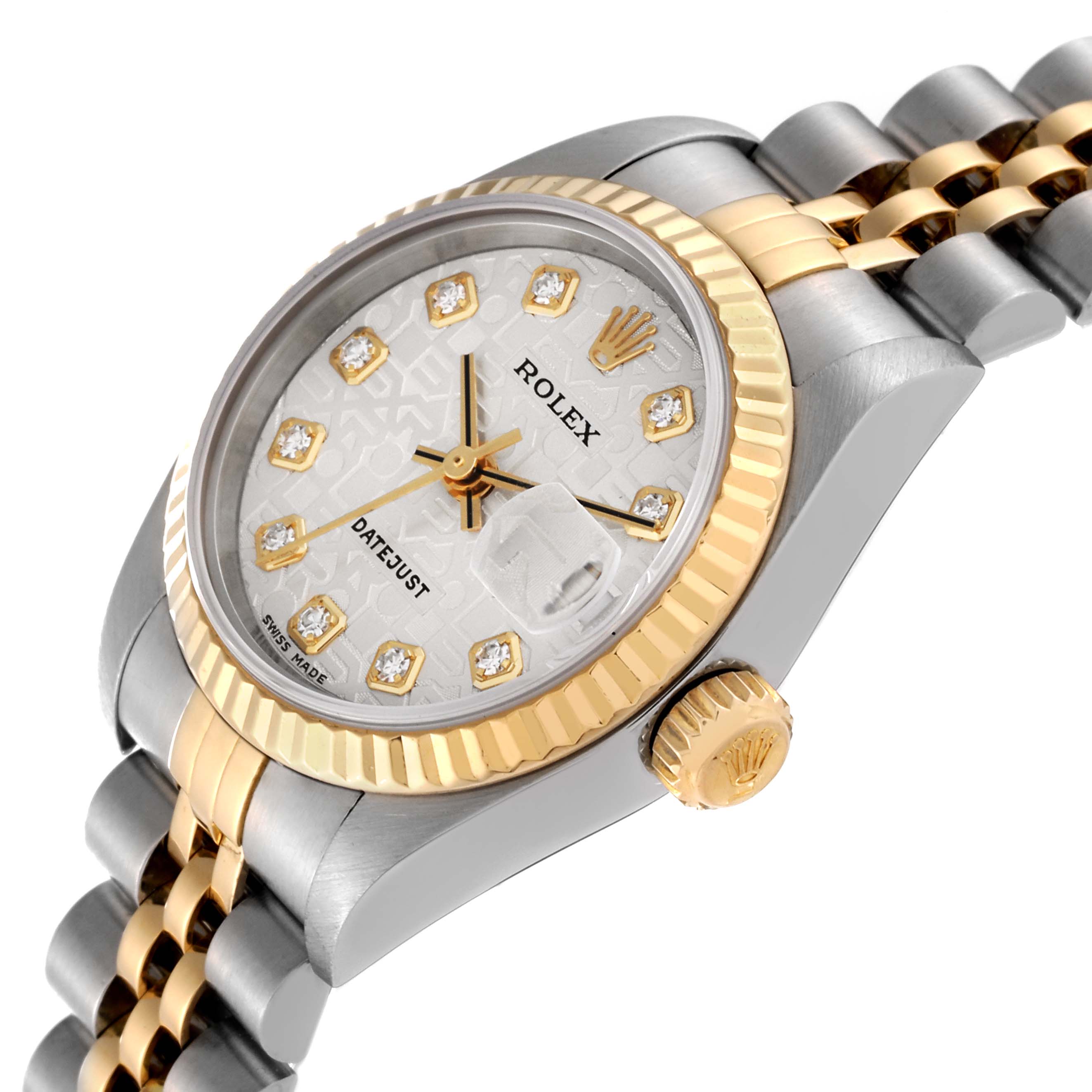 This image shows a Rolex Datejust 79173 Women's Steel and Gold (two tone) Silver Dial 79173 Women's Steel and Gold (two tone) Silver Dial watch at a slight angle, highlighting the face, bezel, crown, and part of the bracelet.