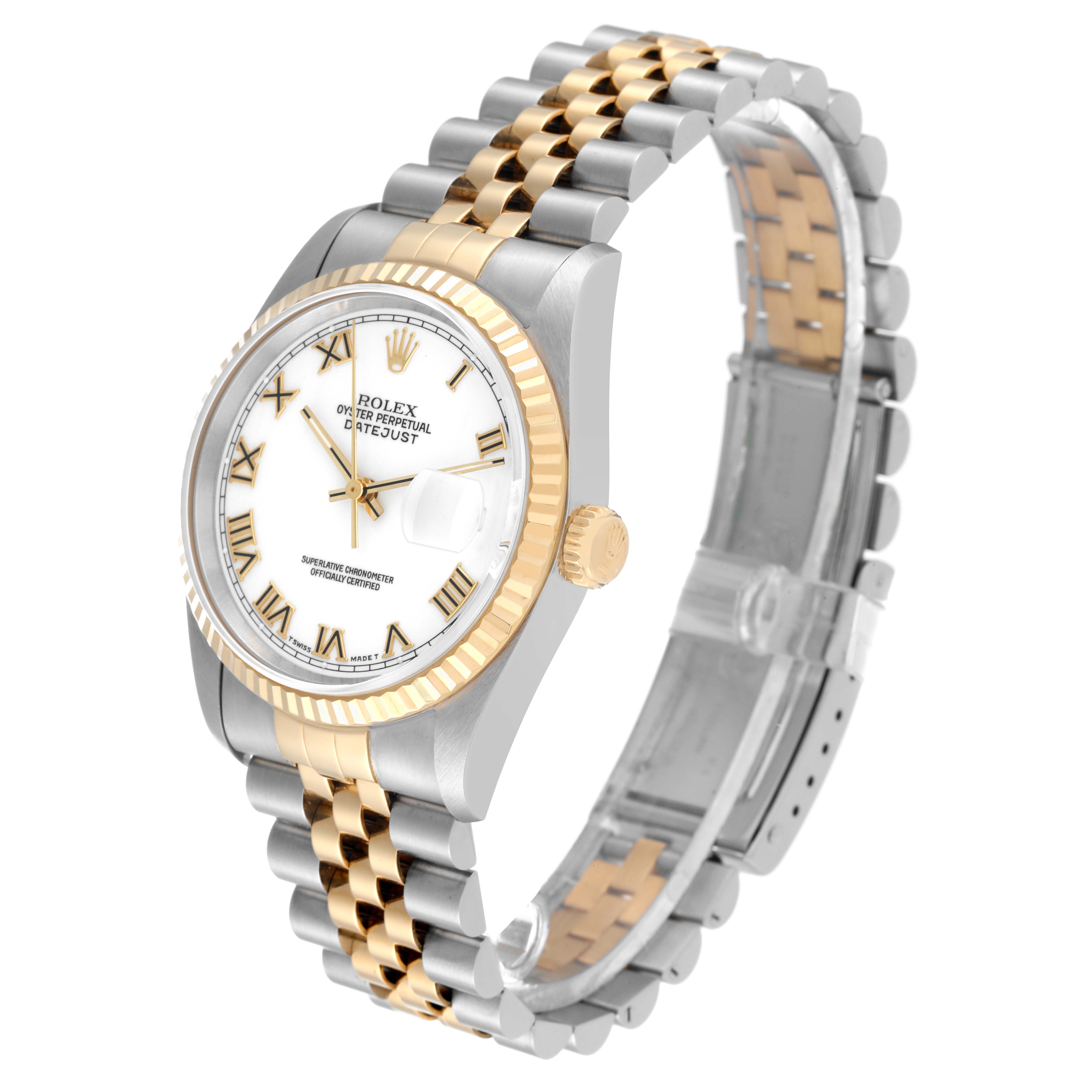 This image shows a Rolex Datejust 16233 Men's Steel and Gold (two tone) White Dial 16233 Men's Steel and Gold (two tone) White Dial watch at an angled view highlighting the face, bezel, crown, and two-tone bracelet.