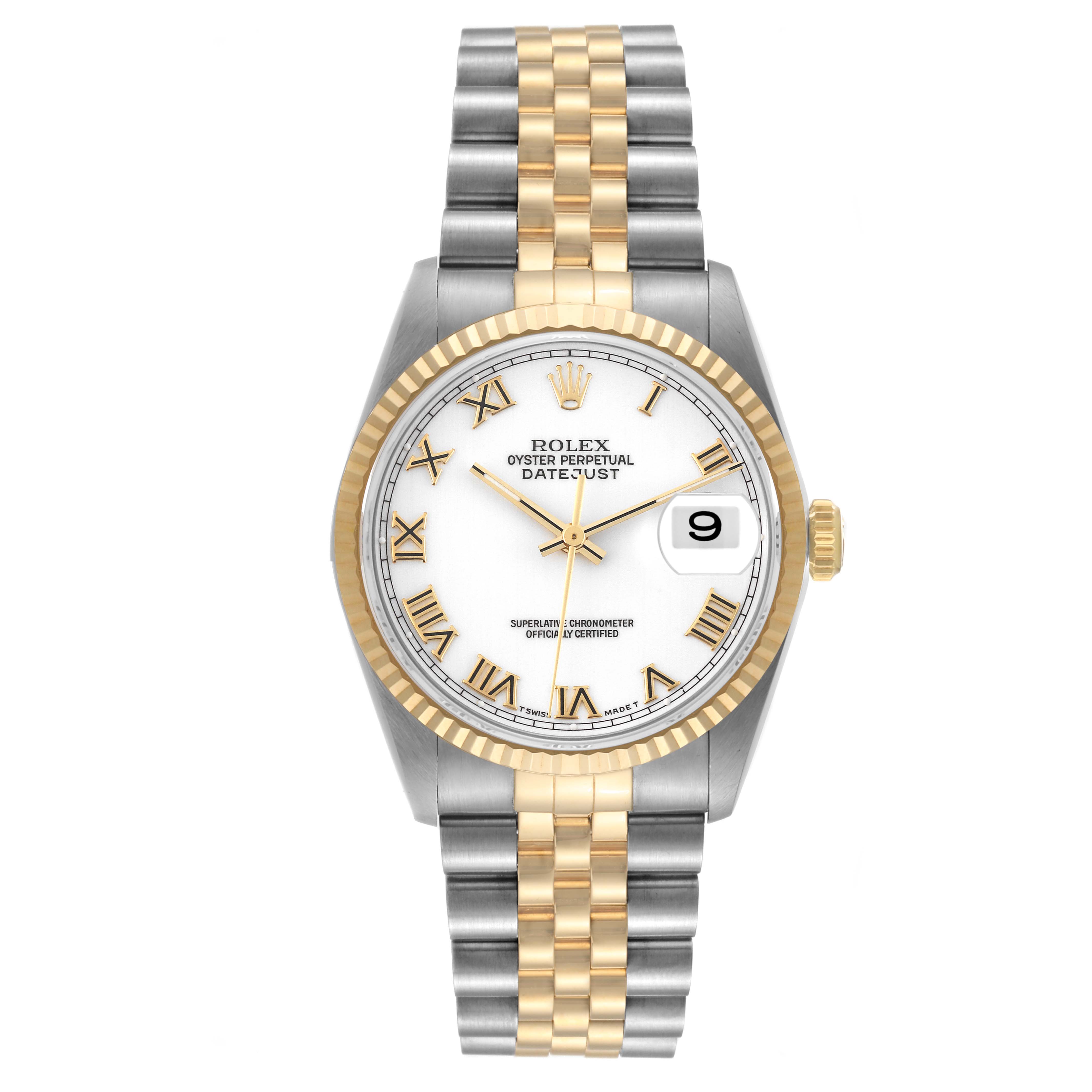 The image shows a front view of a Rolex Datejust 16233 Men's Steel and Gold (two tone) White Dial 16233 Men's Steel and Gold (two tone) White Dial watch, displaying its dial, bezel, crown, and two-tone bracelet.