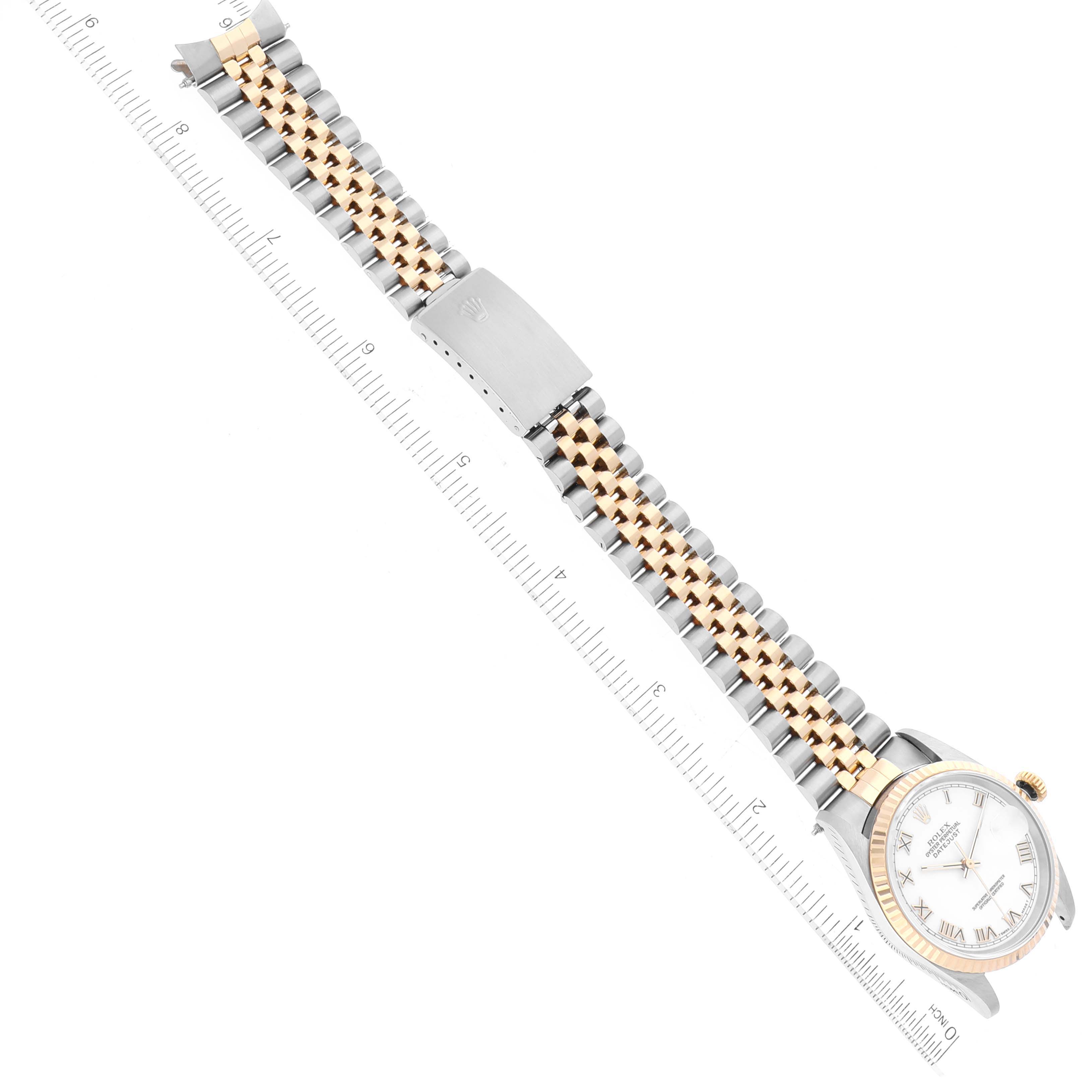 This image shows a top-down view of the Rolex Datejust 16233 Men's Steel and Gold (two tone) White Dial 16233 Men's Steel and Gold (two tone) White Dial watch, highlighting its face, bezel, and two-tone bracelet in full length.