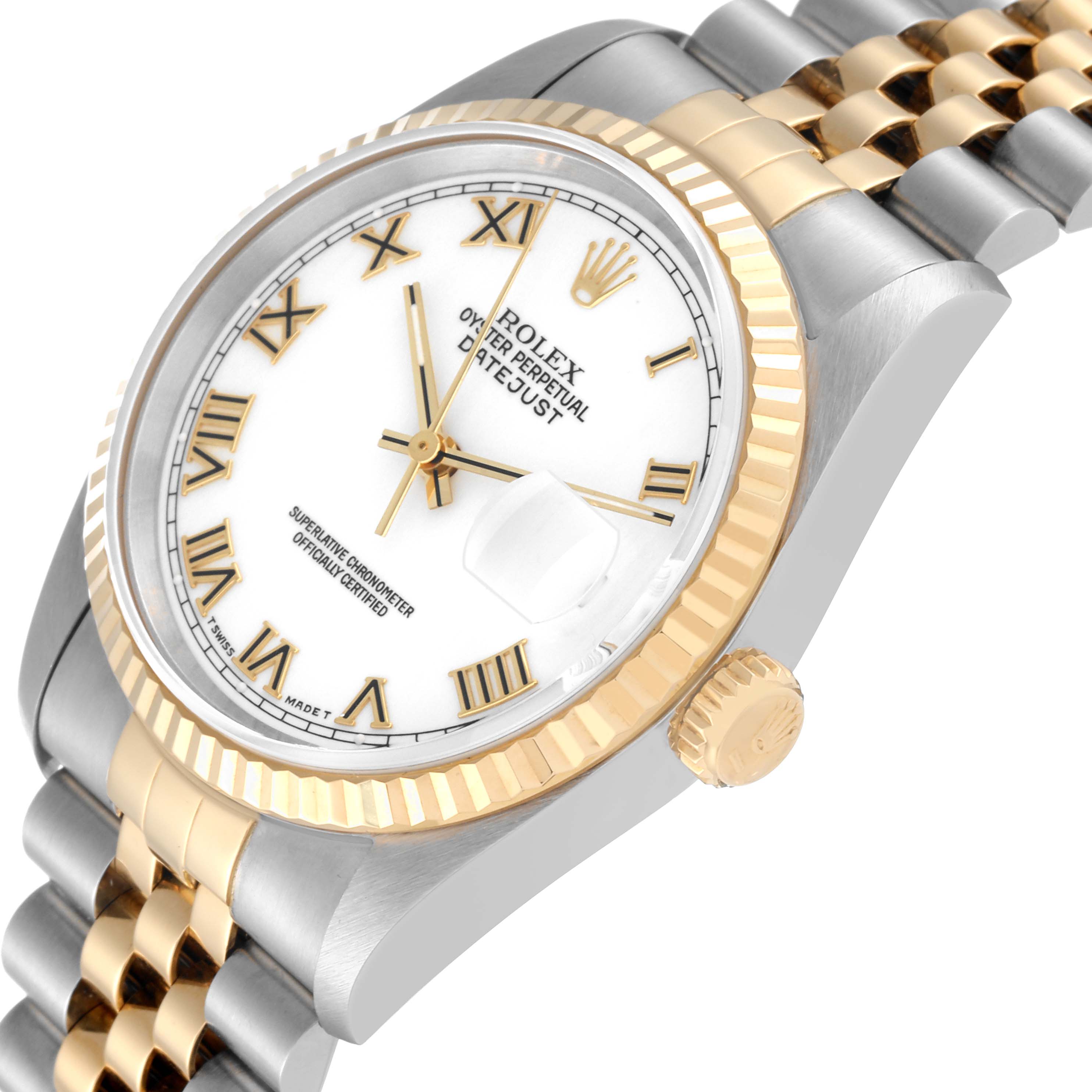 The image shows a Rolex Datejust 16233 Men's Steel and Gold (two tone) White Dial 16233 Men's Steel and Gold (two tone) White Dial watch from an angled view, highlighting its dial, fluted bezel, and part of the bracelet.