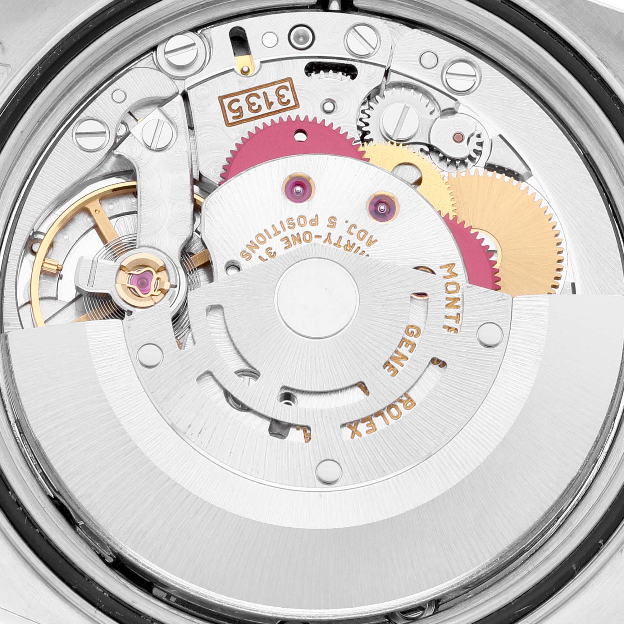 This image shows the intricate internal mechanism of a Rolex Datejust 16233 Men's Steel and Gold (two tone) White Dial 16233 Men's Steel and Gold (two tone) White Dial watch viewed from the back.