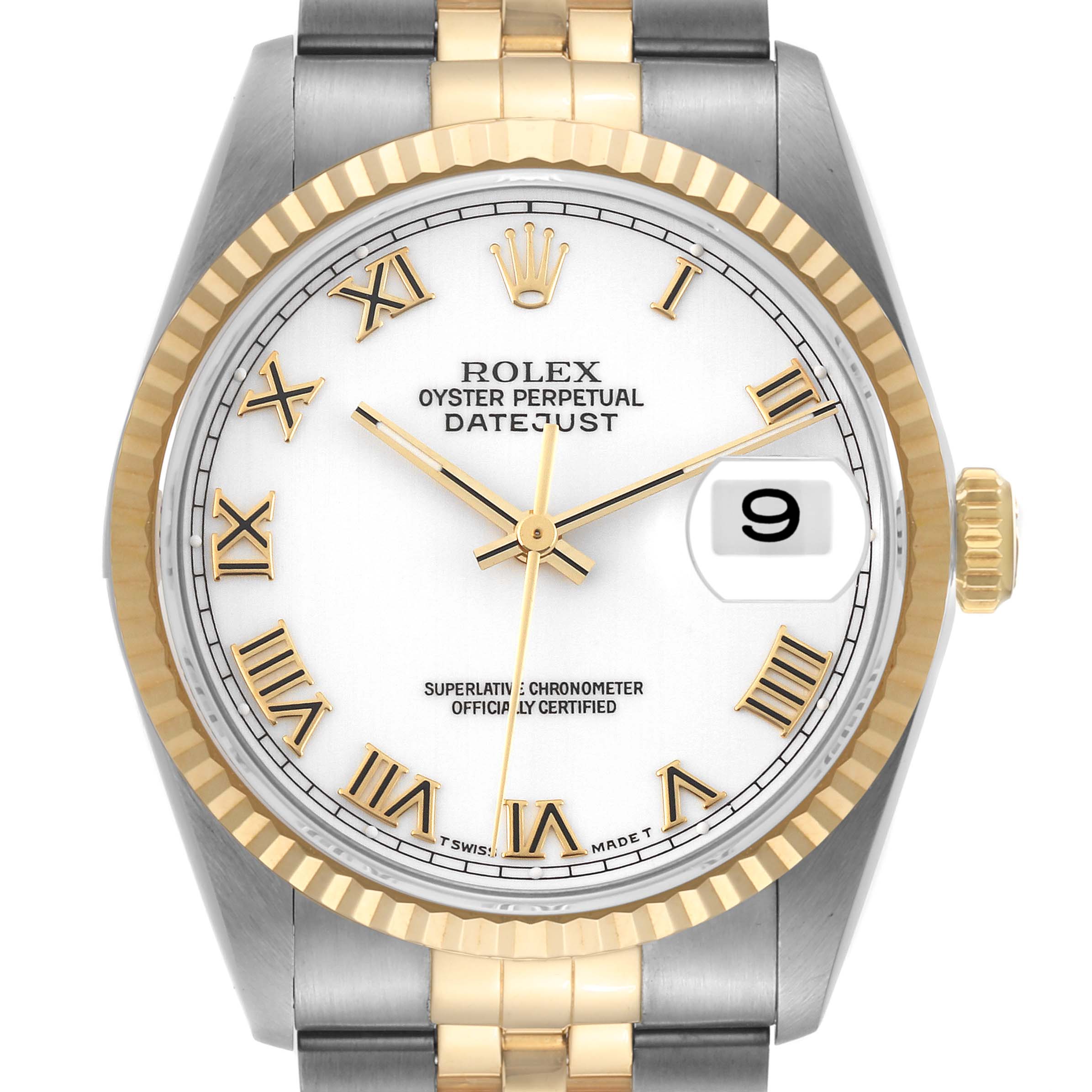 The Rolex Datejust 16233 Men's Steel and Gold (two tone) White Dial 16233 Men's Steel and Gold (two tone) White Dial watch is shown from a frontal angle, displaying the dial, bezel, and part of the bracelet.