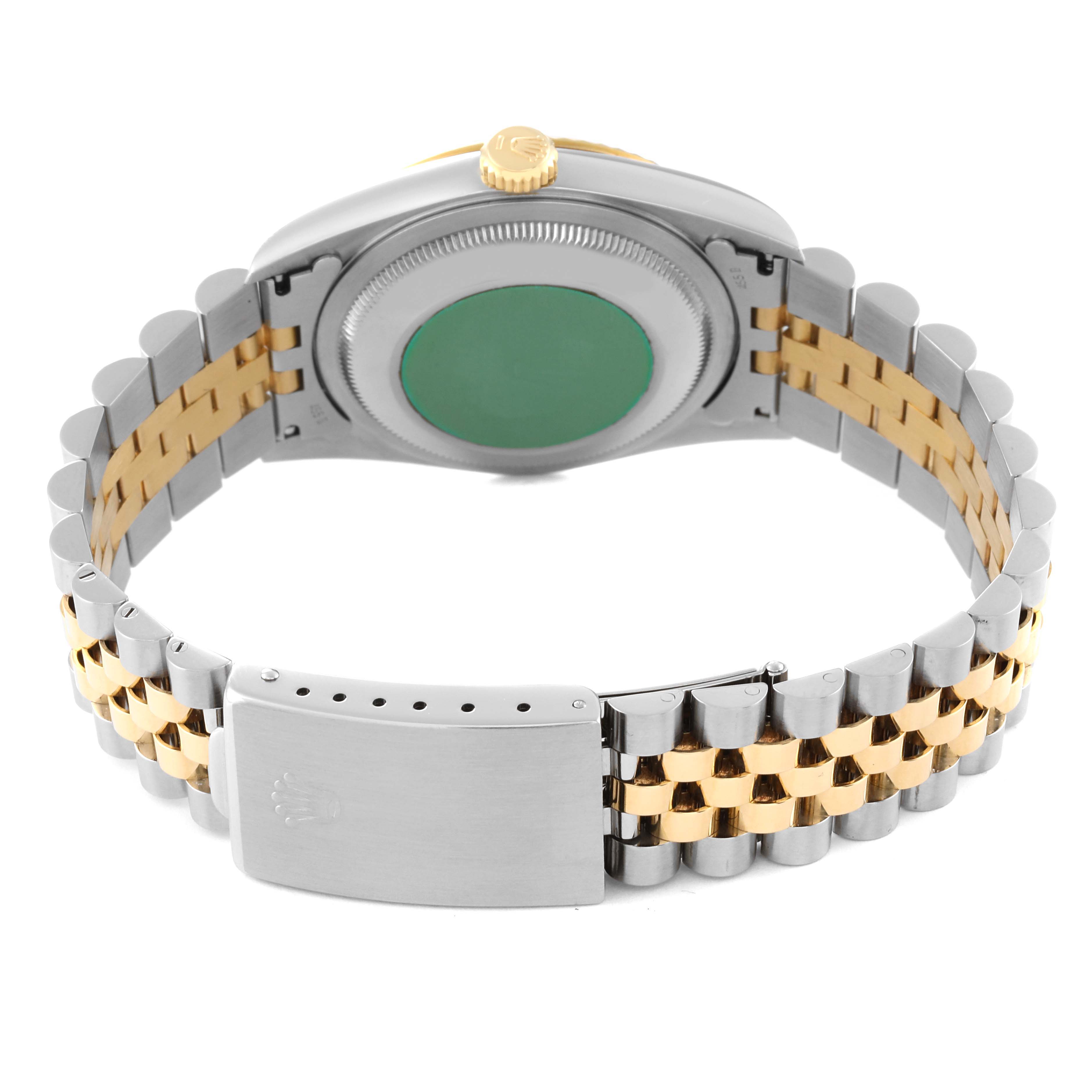 The image shows the back and bracelet of a Rolex Datejust 16233 Men's Steel and Gold (two tone) White Dial 16233 Men's Steel and Gold (two tone) White Dial watch, highlighting the clasp and two-tone metal links.