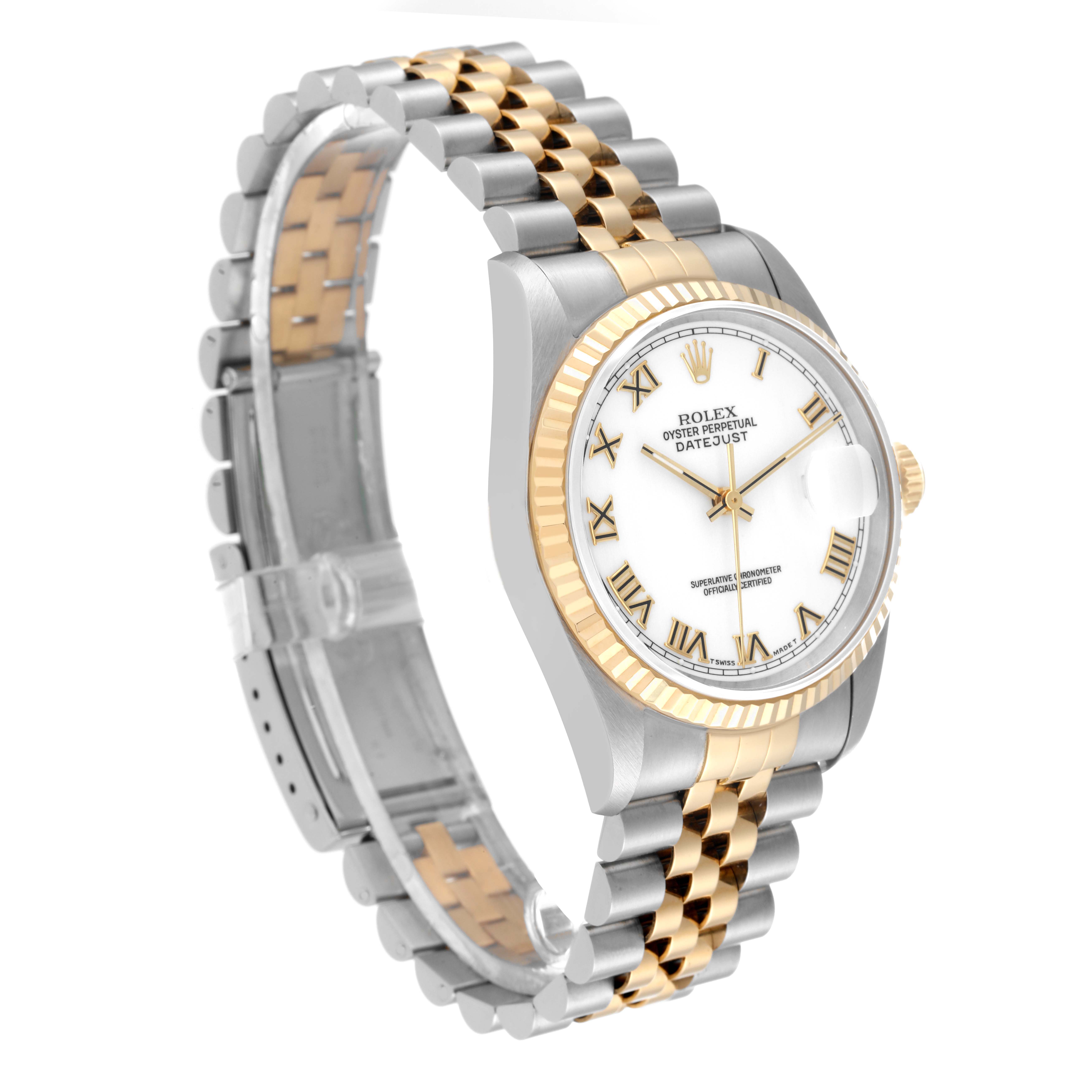The Rolex Datejust 16233 Men's Steel and Gold (two tone) White Dial 16233 Men's Steel and Gold (two tone) White Dial watch is shown at an angle displaying the face, Roman numeral markers, and two-tone bracelet.
