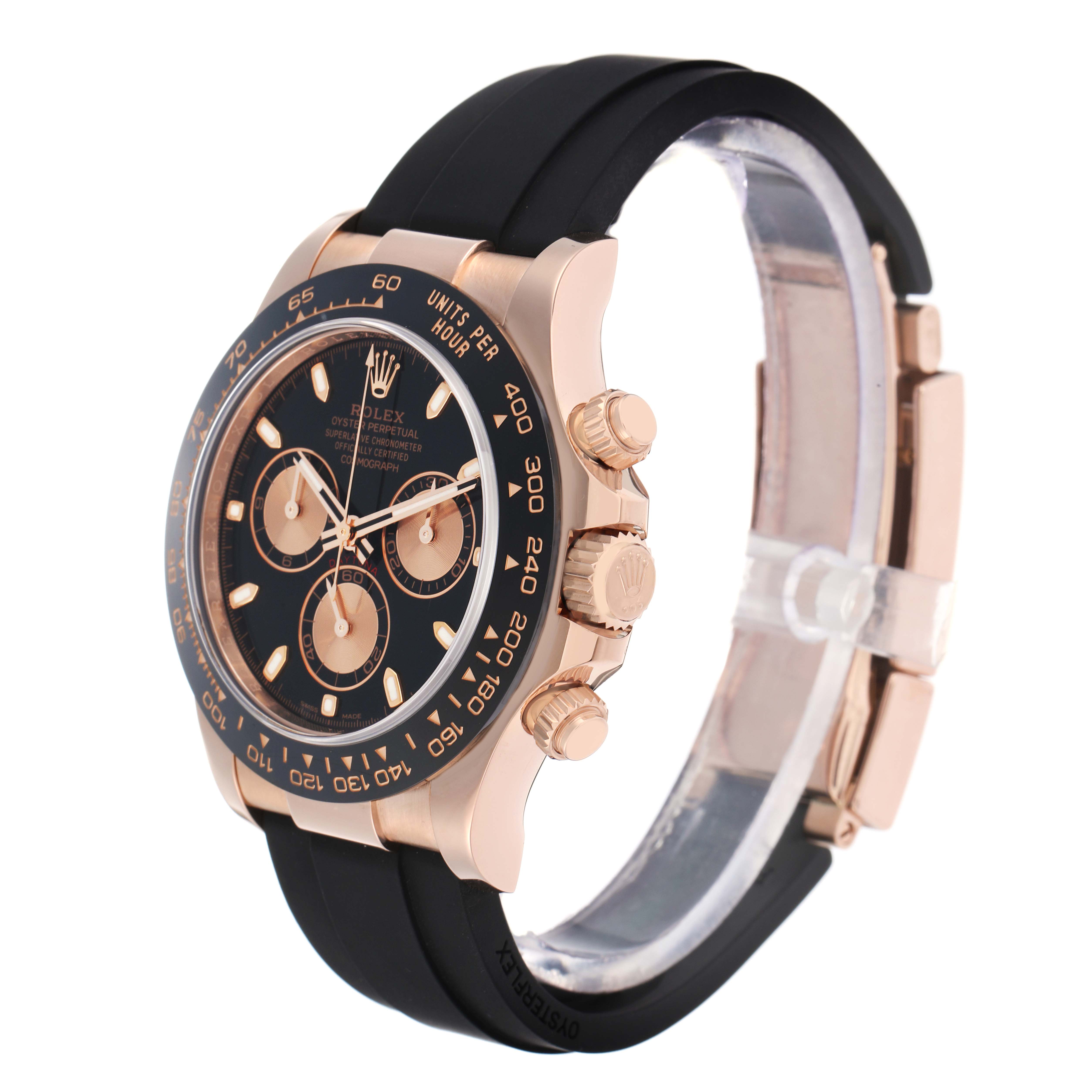 The image shows a side profile of the Rolex Daytona 116515 Men
s Rose Gold Black Dial watch, highlighting its rose gold case, black bezel, and rubber strap.