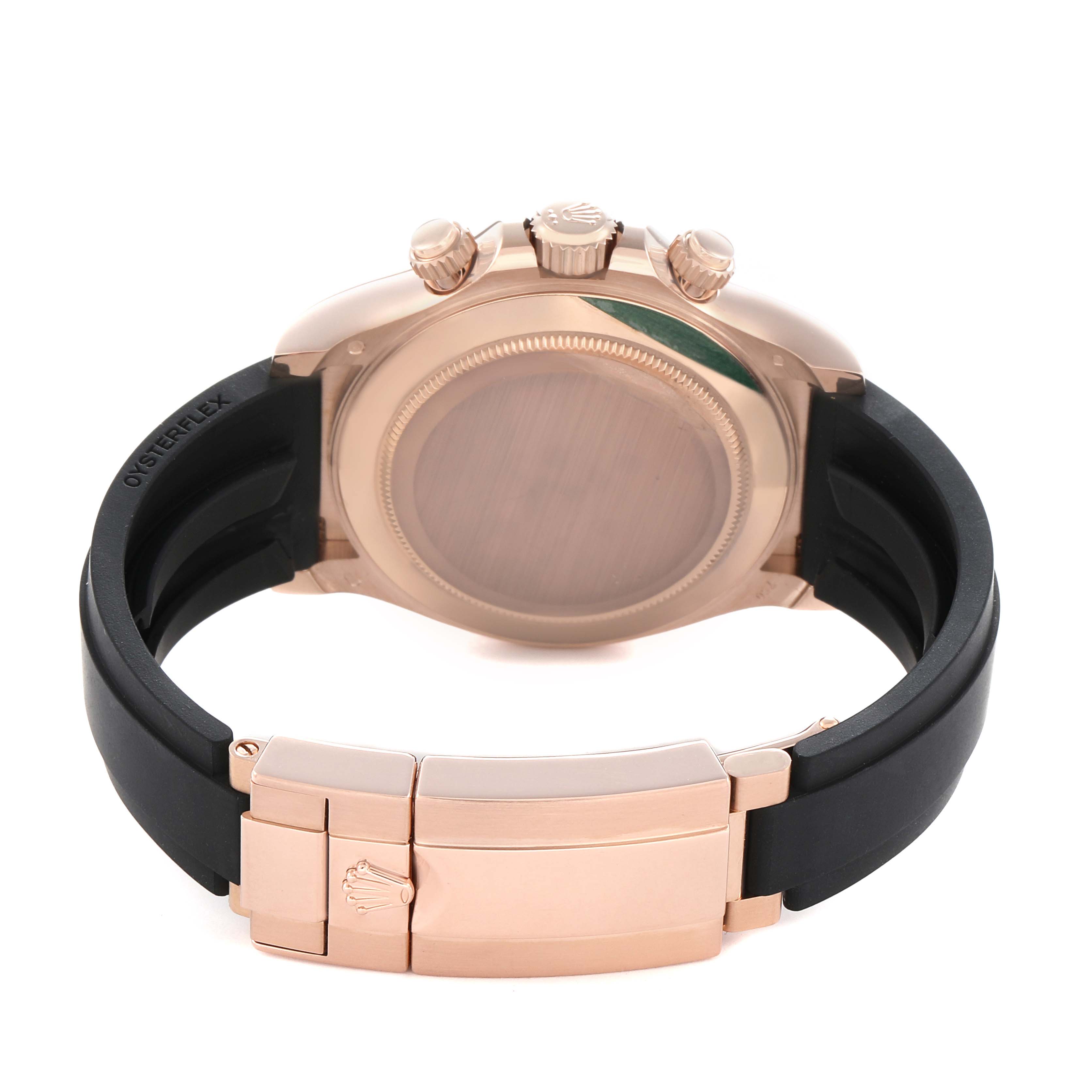 The Rolex Daytona 116515 Men
s Rose Gold Black Dial watch is shown from the back, highlighting the case back, crown, pushers, and black Oysterflex strap with the clasp.