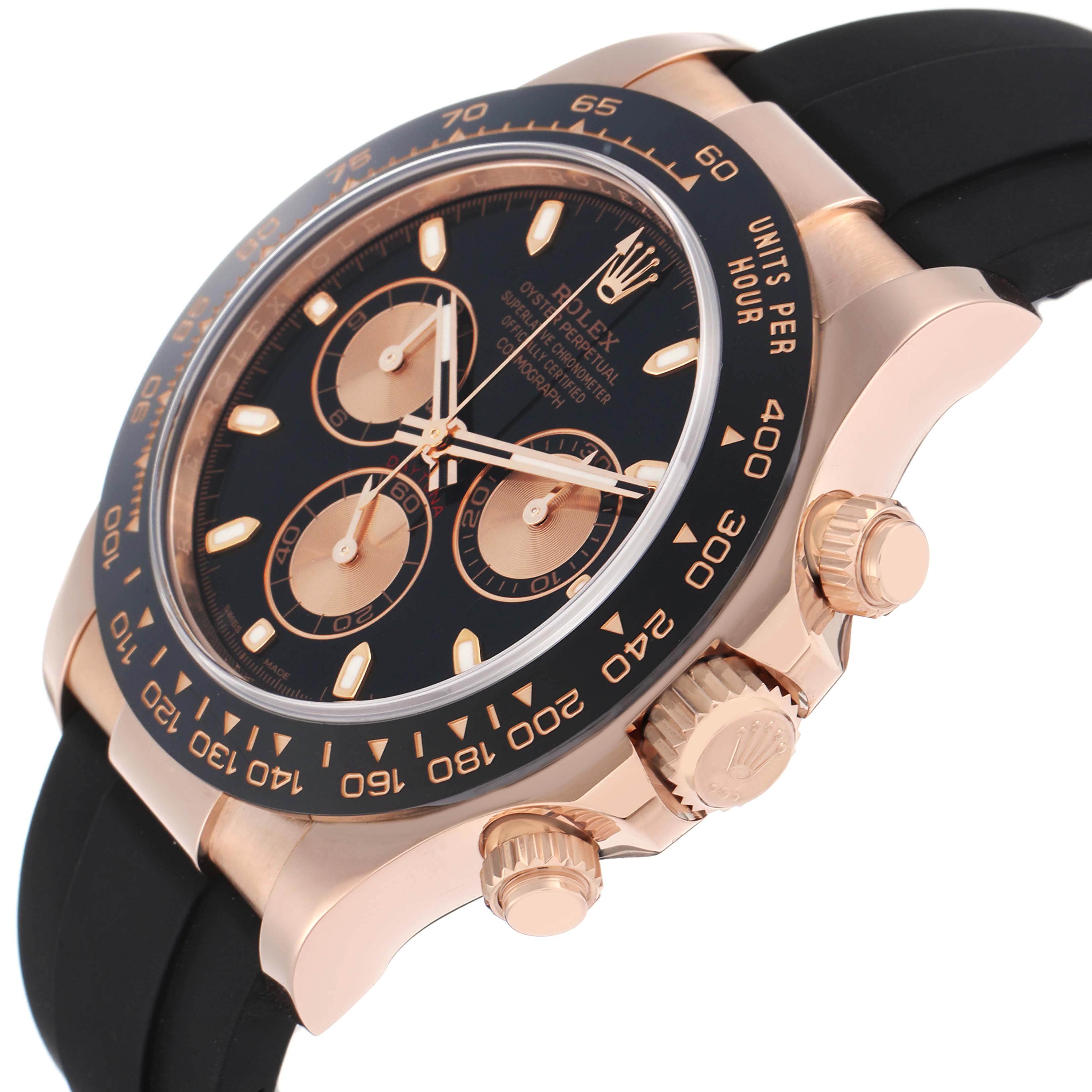 The Rolex Daytona 116515 Men
s Rose Gold Black Dial watch is shown at a slight side angle, highlighting the face, bezel, crown, and pushers.