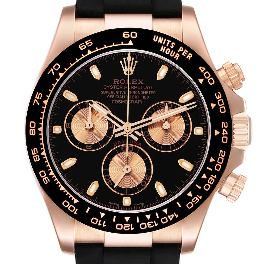 The Rolex Daytona 116515 Men's Rose Gold Black Dial watch is shown from the front, highlighting the black dial, subdials, tachymetric scale, and crown.
