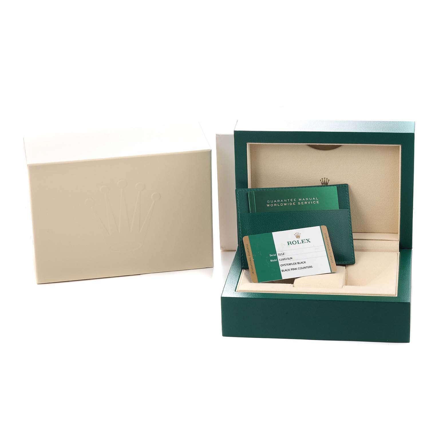 The image shows a Rolex Daytona 116515 Men
s Rose Gold Black Dial box set with a green inner box, guarantee manual, and card at a slight angle.