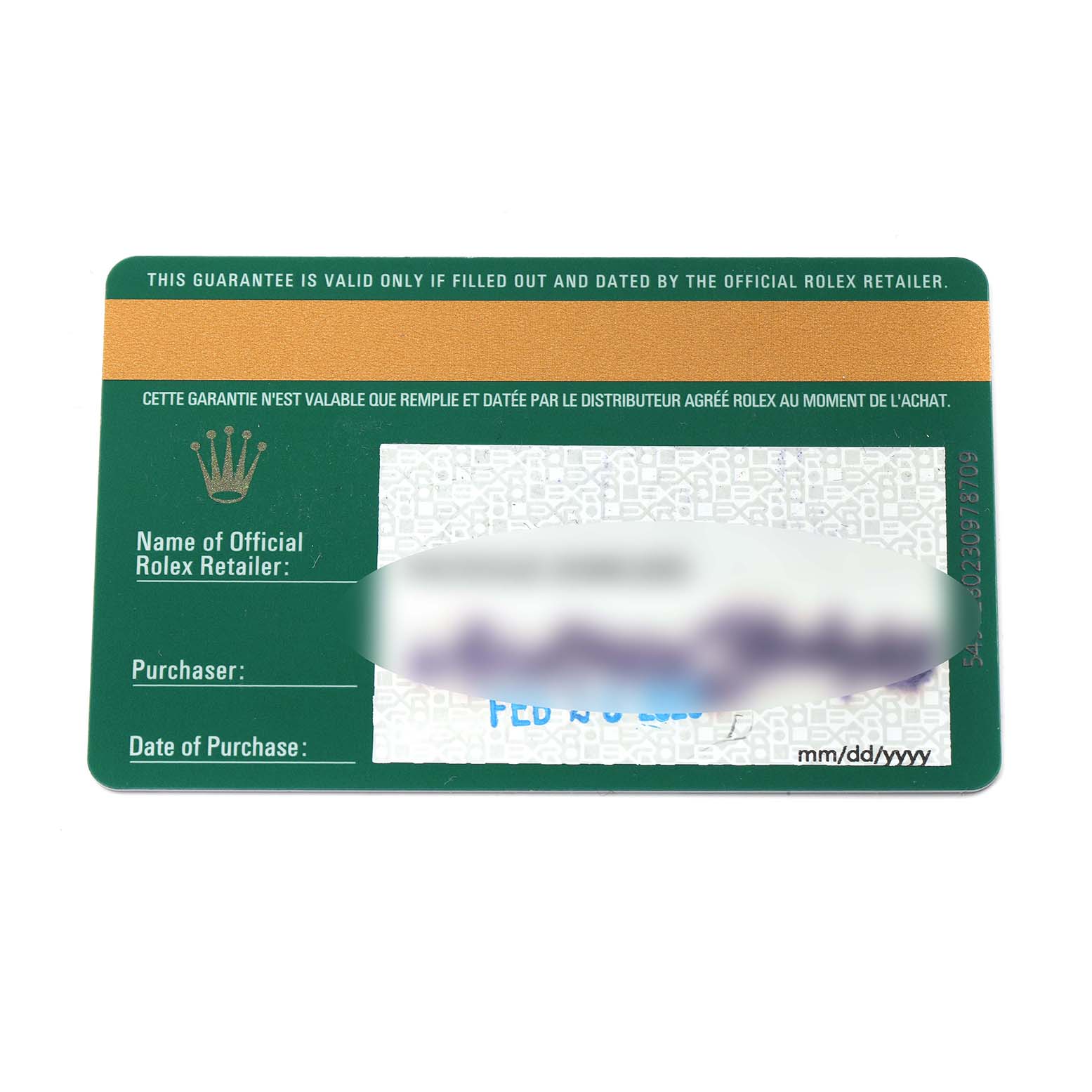 This image shows a warranty card for a Rolex Daytona 116515 Men
s Rose Gold Black Dial, displaying the brand logo and purchase details.