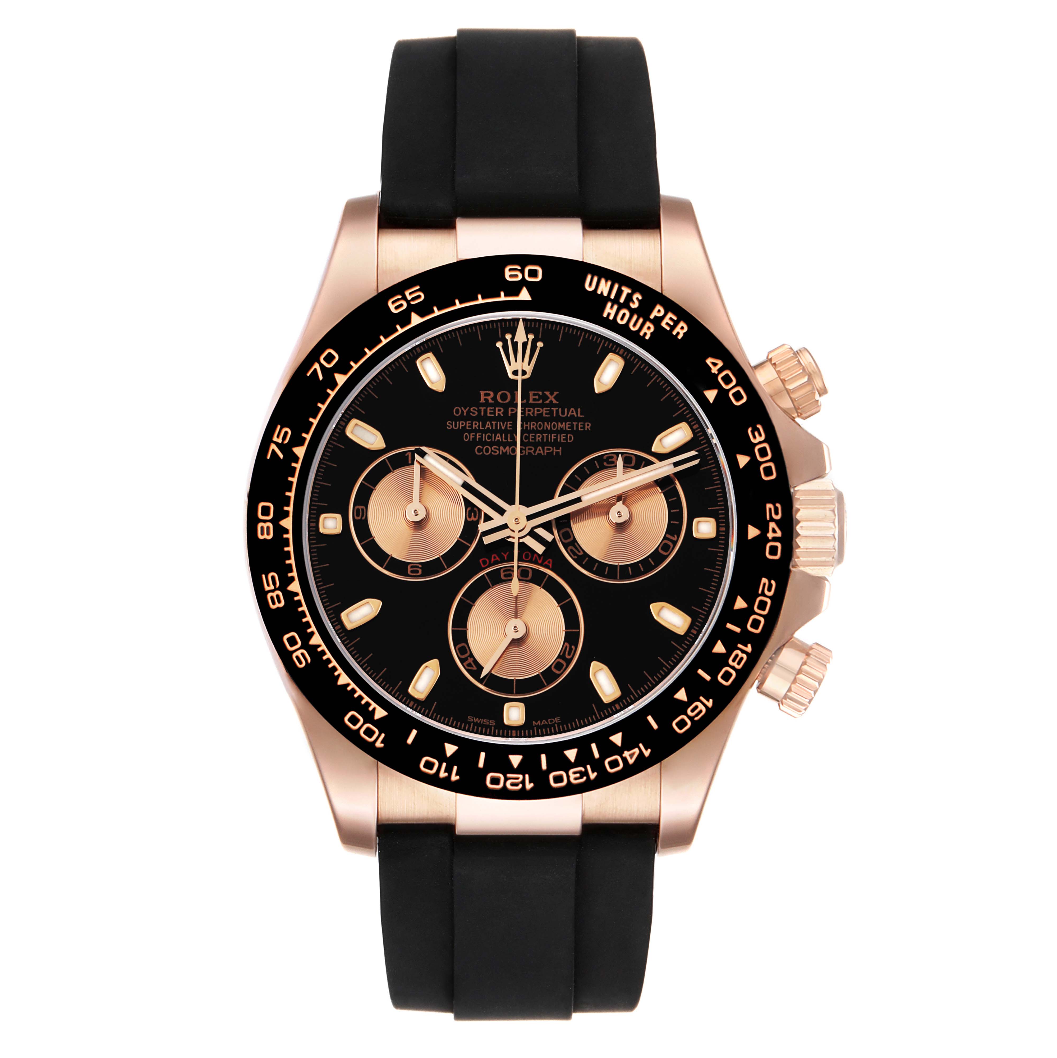 The image shows a front view of the Rolex Daytona 116515 Men
s Rose Gold Black Dial watch, highlighting its black dial, gold markers, and black bezel.