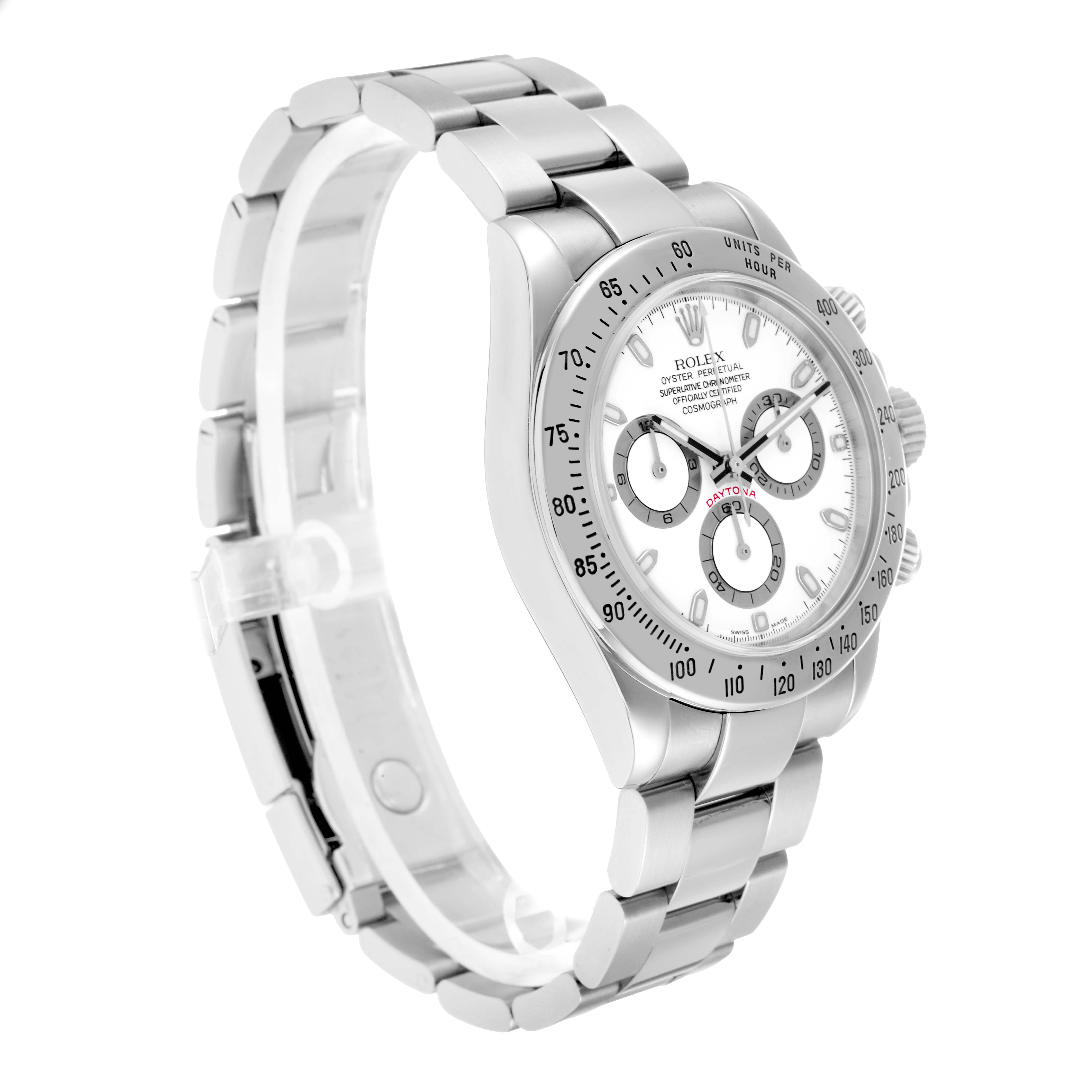The image shows a side angle of a Rolex Daytona 116520 Men
s Stainless Steel White Dial watch featuring its bracelet, case, and bezel details.