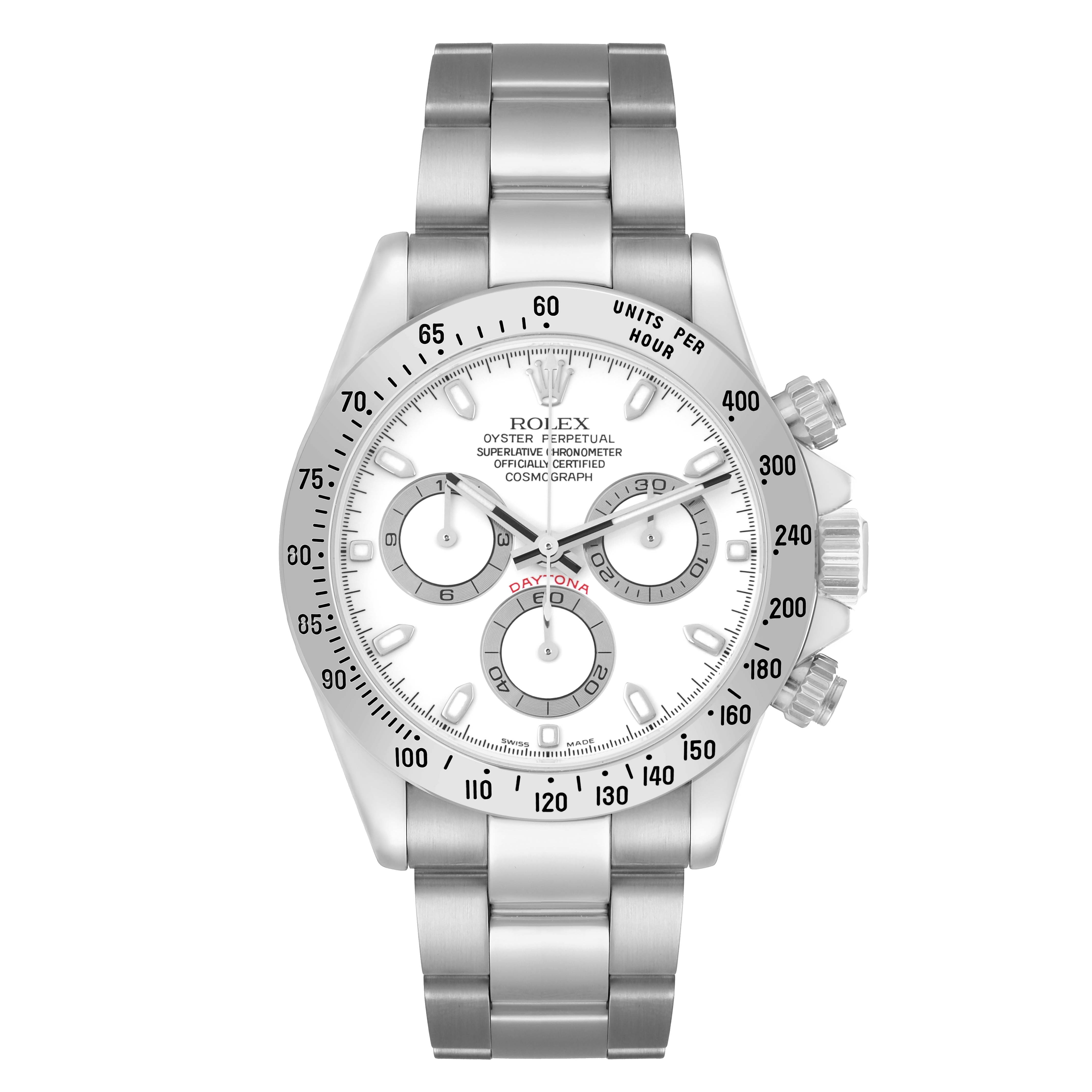 The Rolex Daytona 116520 Men
s Stainless Steel White Dial watch is shown from a front angle, displaying the face, bezel, buttons, and bracelet.
