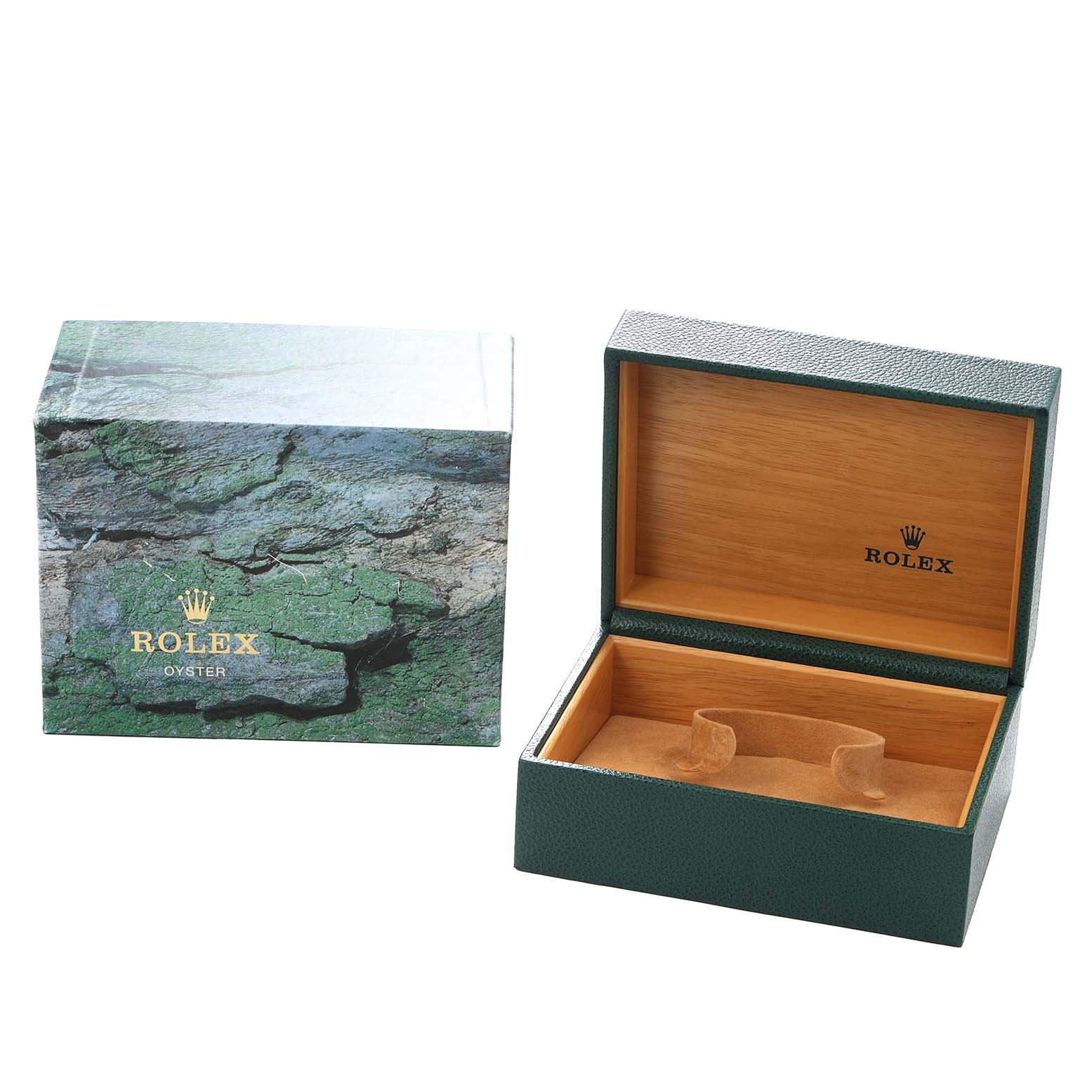 The image shows the packaging and open box for the Rolex Daytona 116520 Men
s Stainless Steel White Dial, featuring the exterior box and the watch case interior.