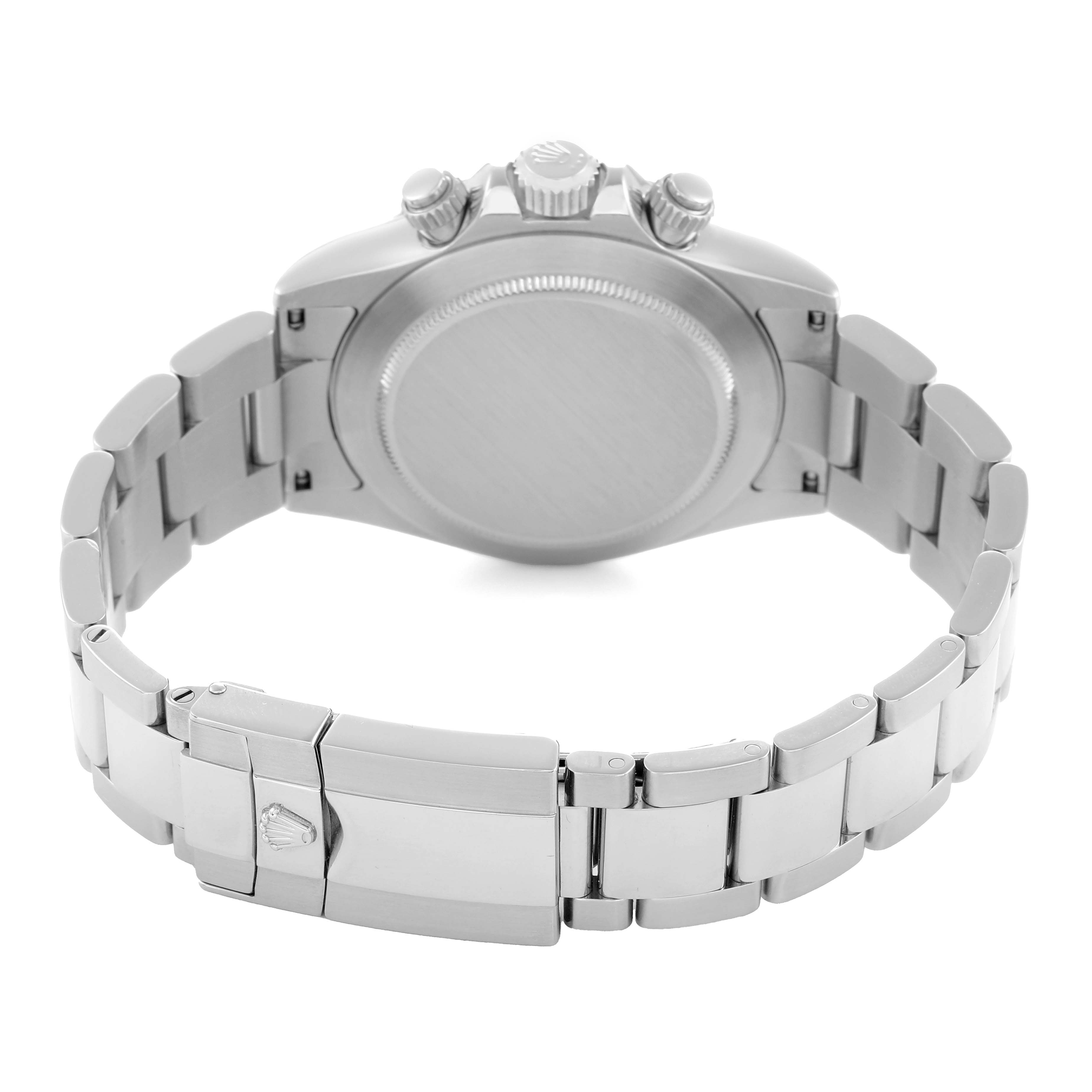 The Rolex Daytona 116520 Men
s Stainless Steel White Dial is shown from the back, highlighting the case back, bracelet, clasp, and side buttons.