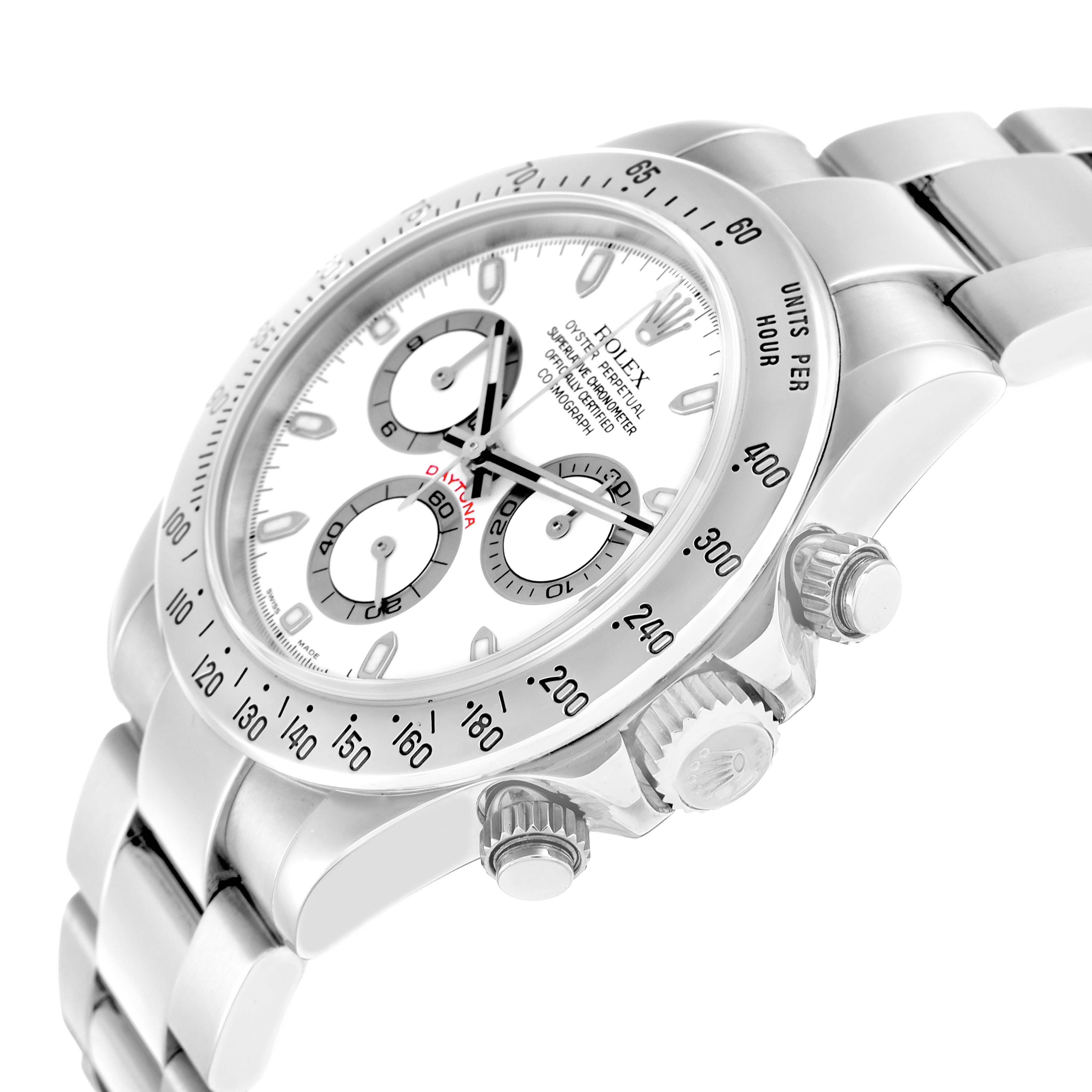 The image shows a side angle of the Rolex Daytona 116520 Men
s Stainless Steel White Dial watch, highlighting the bezel, crown, pushers, and part of the bracelet.