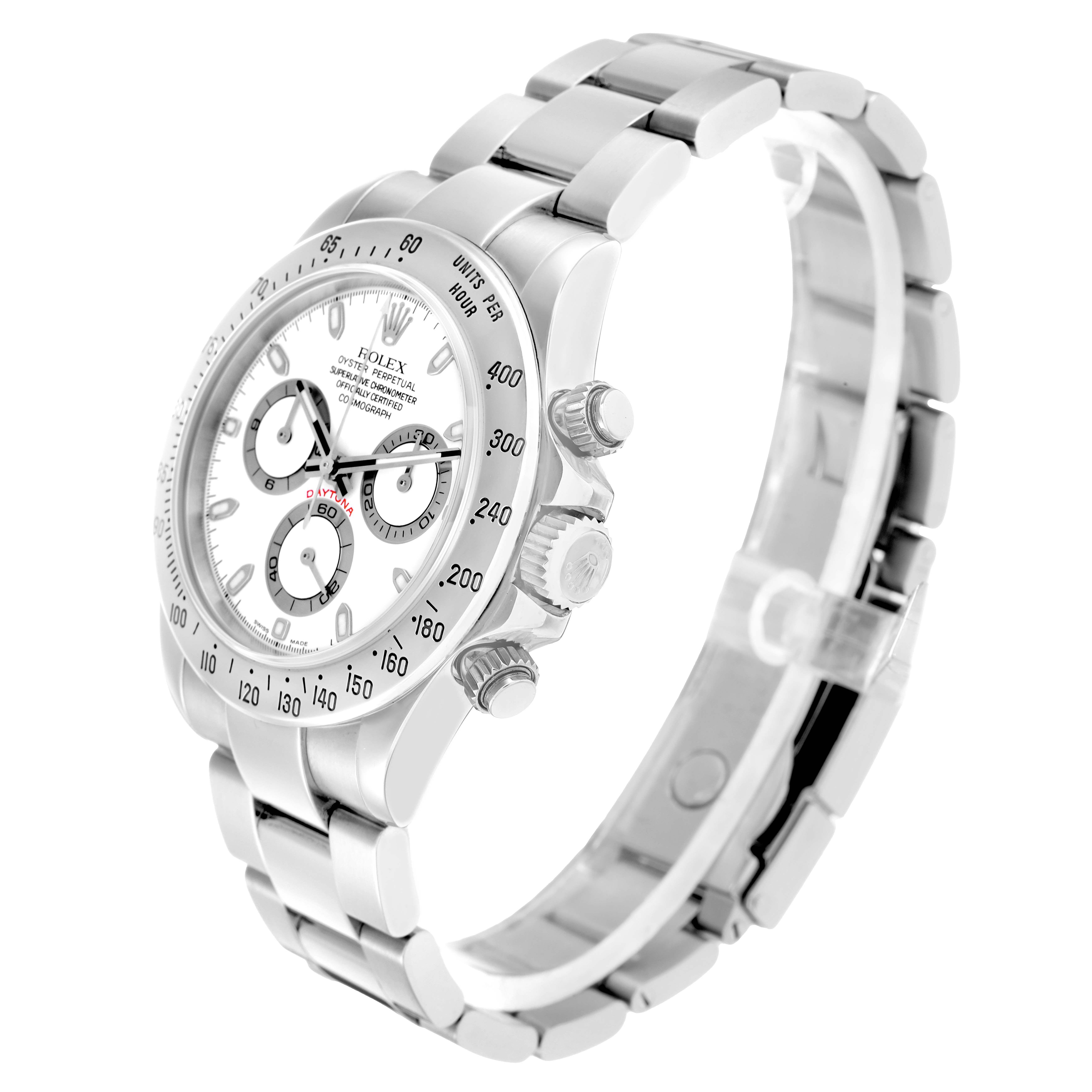 The Rolex Daytona 116520 Men
s Stainless Steel White Dial is shown at an angle displaying the watch face, bezel, crown, and bracelet.