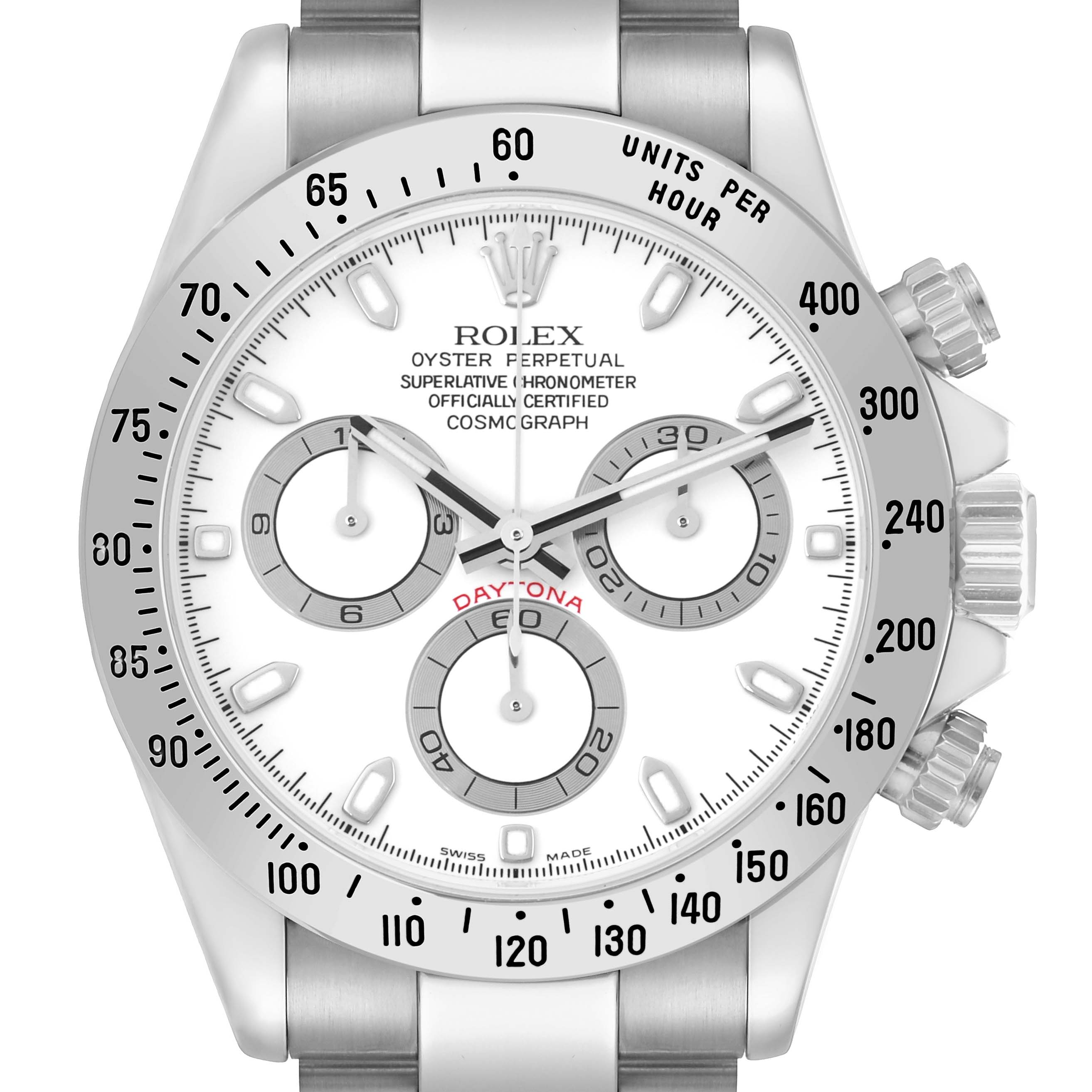 The Rolex Daytona 116520 Men
s Stainless Steel White Dial watch is shown from a front angle, displaying its dial, subdials, bezel, and crown.