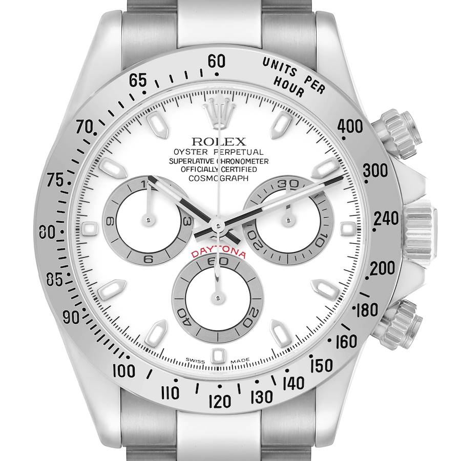 The Rolex Daytona 116520 Men's Stainless Steel White Dial watch is shown from a front angle, displaying its dial, subdials, bezel, and crown.
