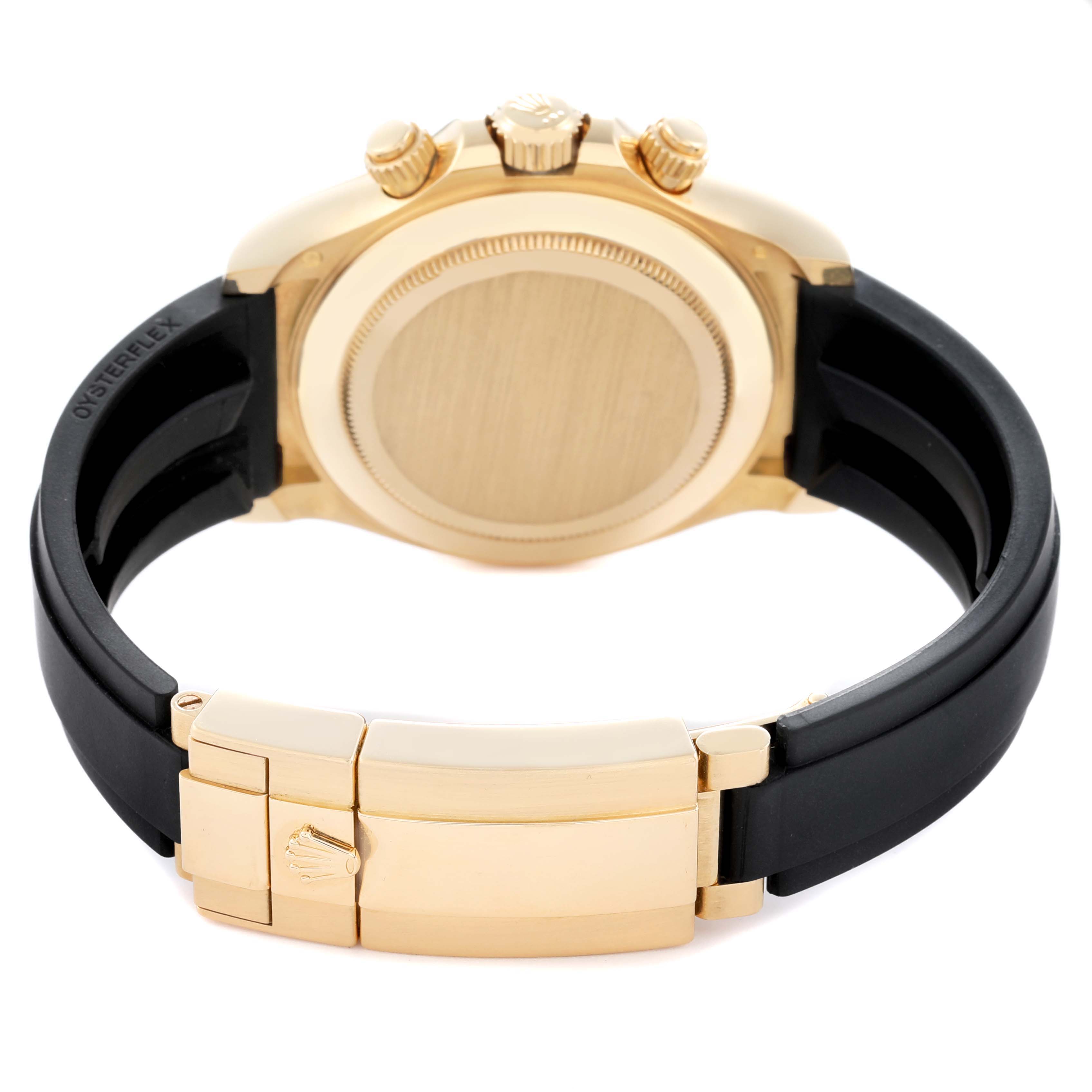 The image shows the back and side of a Rolex Daytona 116518 Men
s Yellow Gold Champagne Dial watch, highlighting the clasp and case.