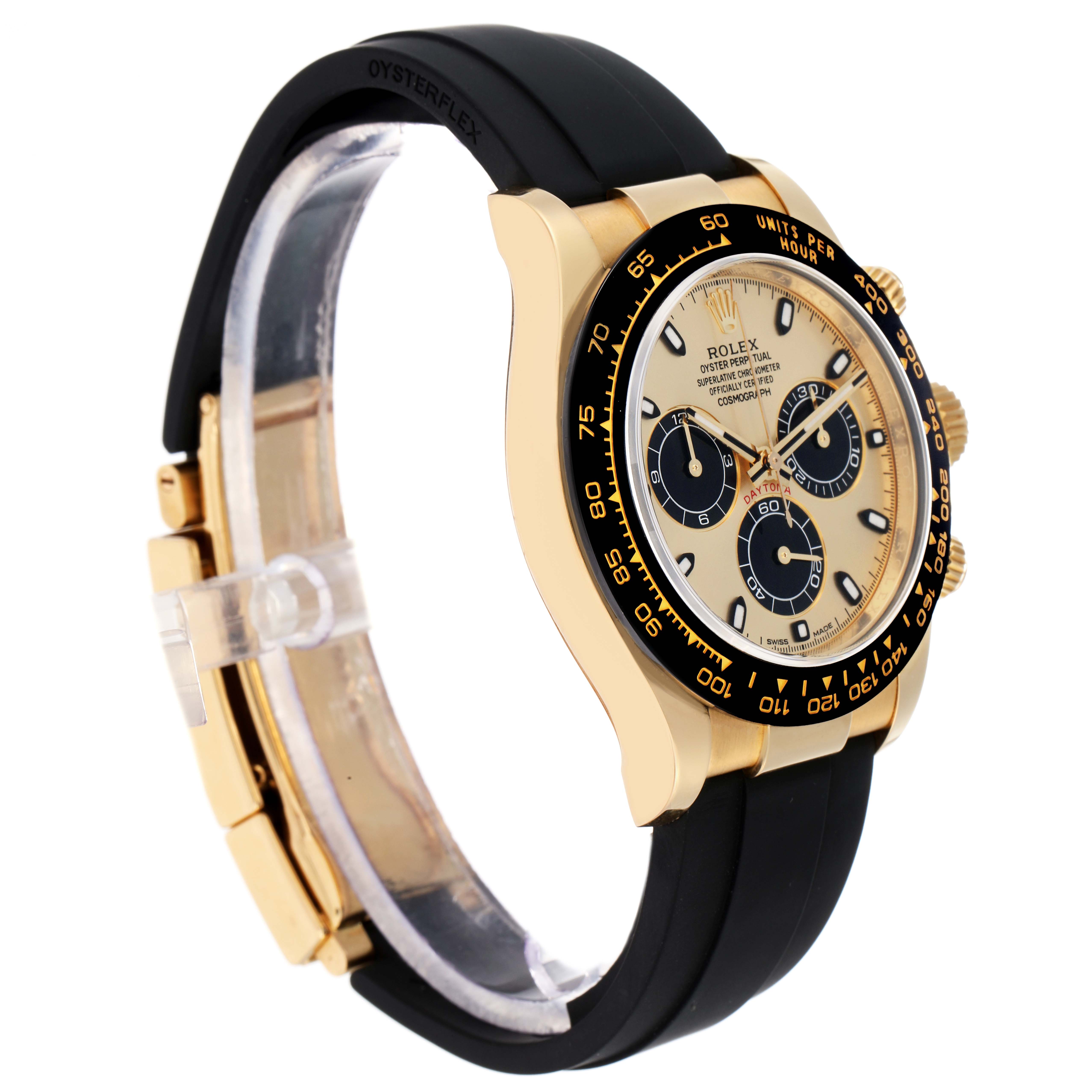 The Rolex Daytona 116518 Men
s Yellow Gold Champagne Dial watch is shown from a front-side angle, highlighting the dial, bezel, and band.