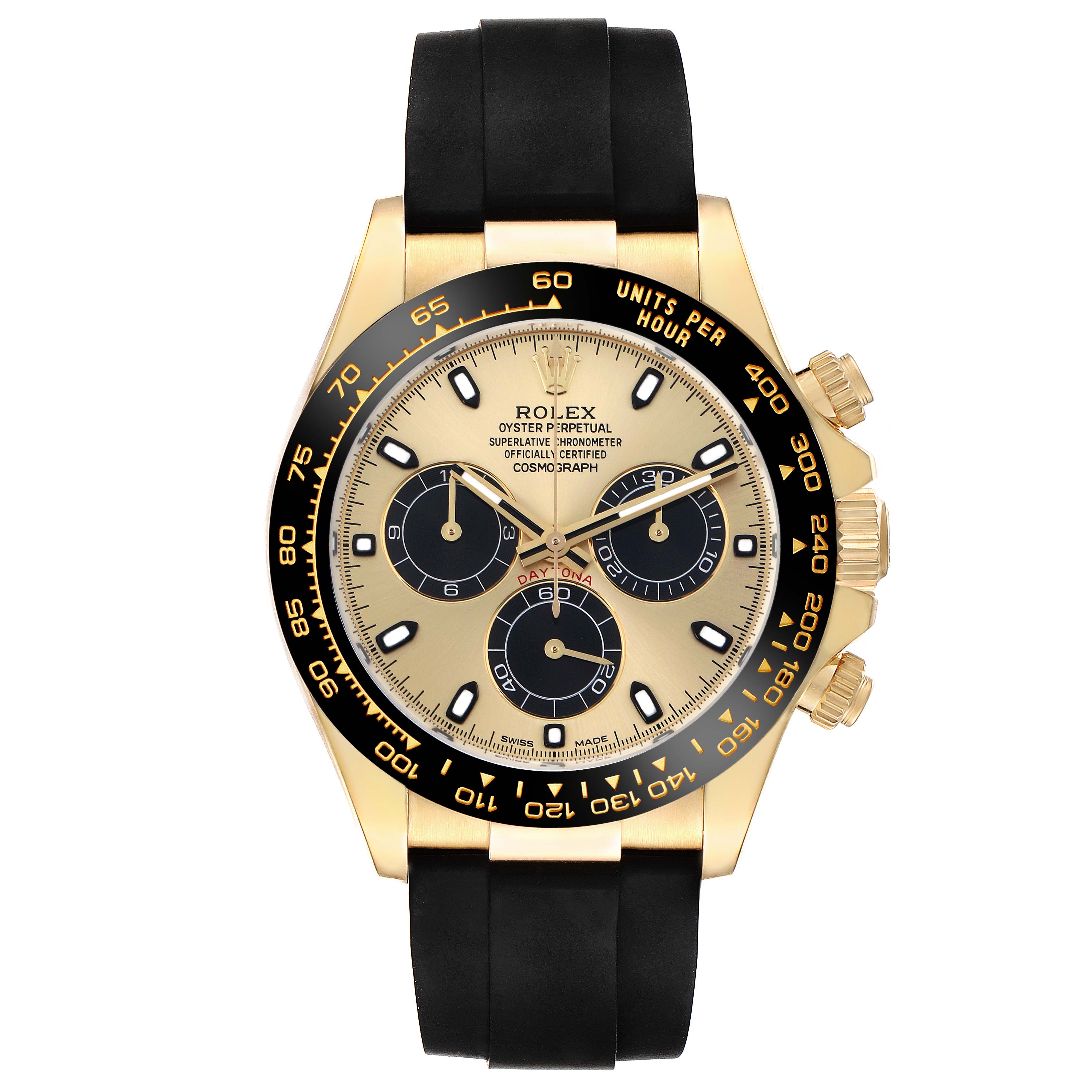 The Rolex Daytona 116518 Men
s Yellow Gold Champagne Dial watch is shown from the front, highlighting its face, bezel, and rubber strap.