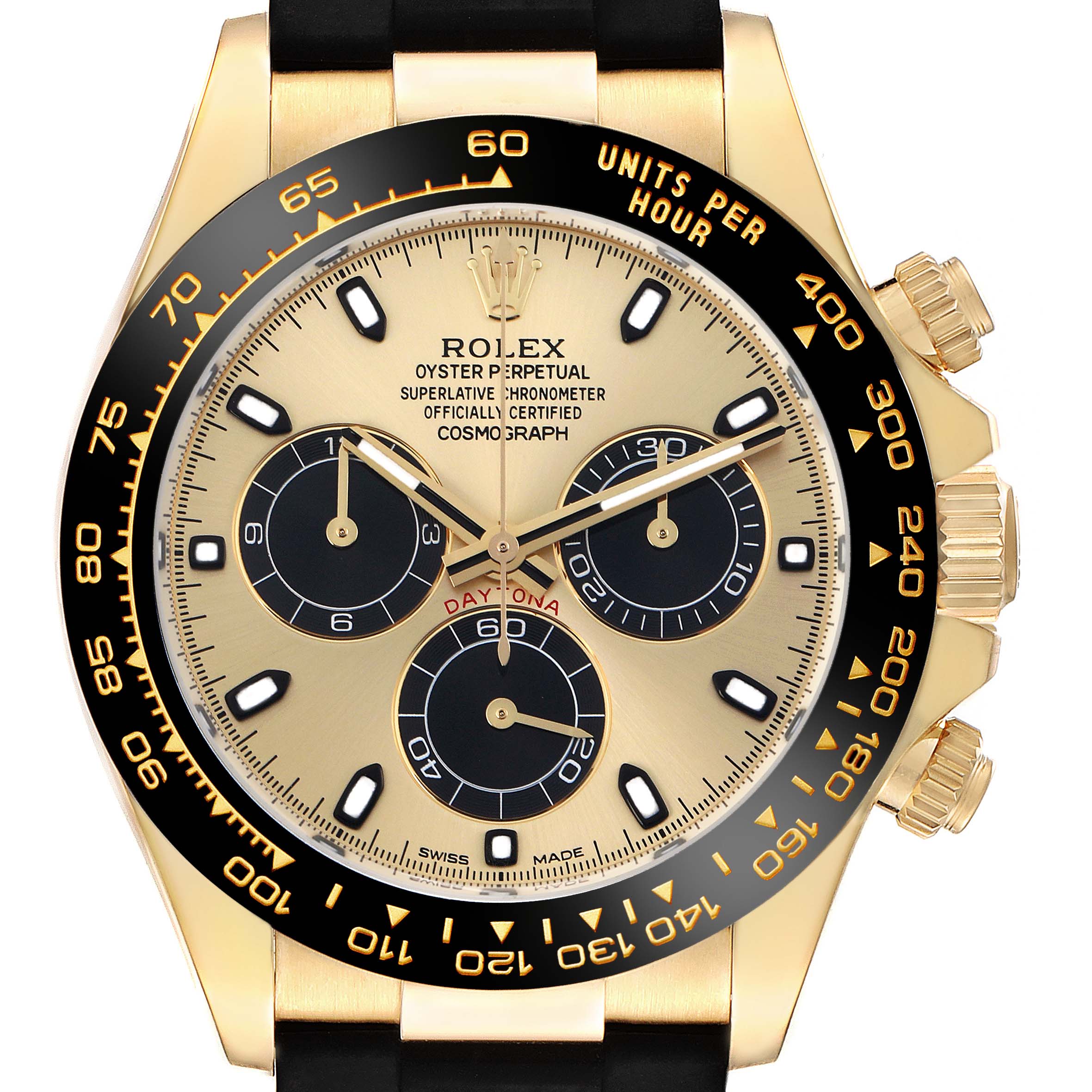 The image shows a front view of the Rolex Daytona 116518 Men
s Yellow Gold Champagne Dial watch, highlighting the dial, bezel, and pushers.