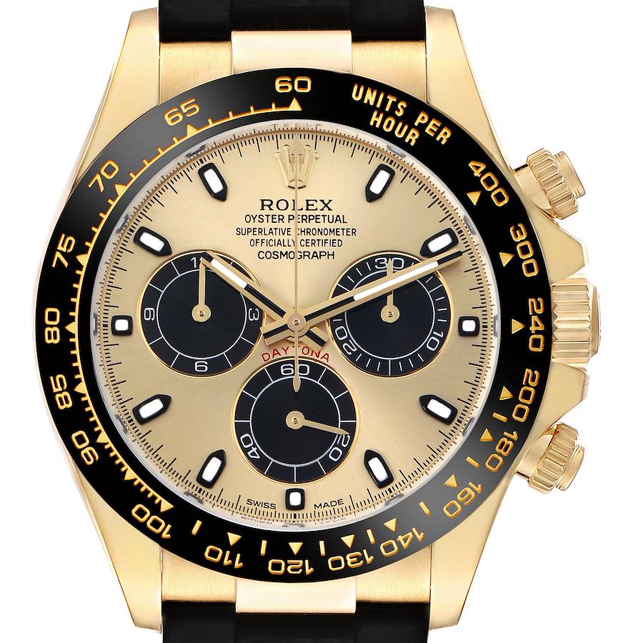 The image shows a front view of the Rolex Daytona 116518 Men's Yellow Gold Champagne Dial watch, highlighting the dial, bezel, and pushers.