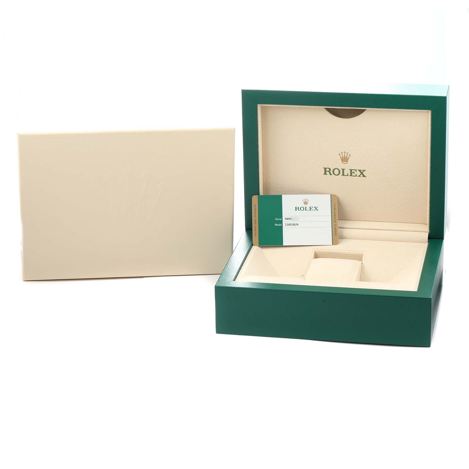 The image shows the open box and card of a Rolex Daytona 116518 Men
s Yellow Gold Champagne Dial watch, highlighting the presentation packaging.
