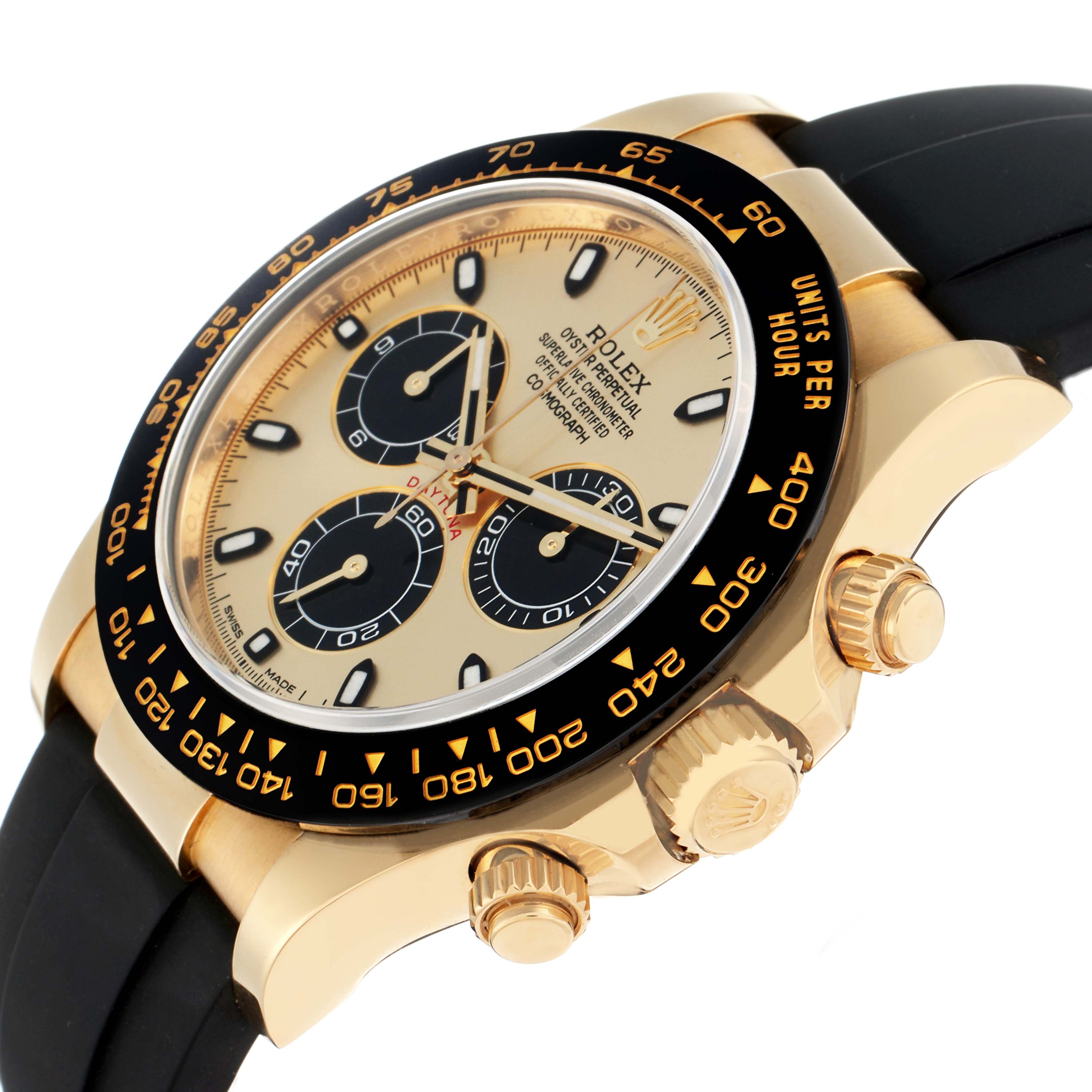 The Rolex Daytona 116518 Men
s Yellow Gold Champagne Dial is shown at a side angle, displaying its face, bezel, crown, and pushers.